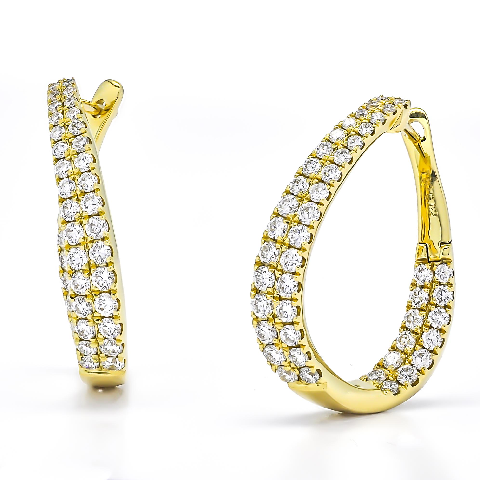 Art Nouveau 18KT Yellow Gold Natural Round Diamond in and Out Multi 2 Row Twist Hoop Earring For Sale