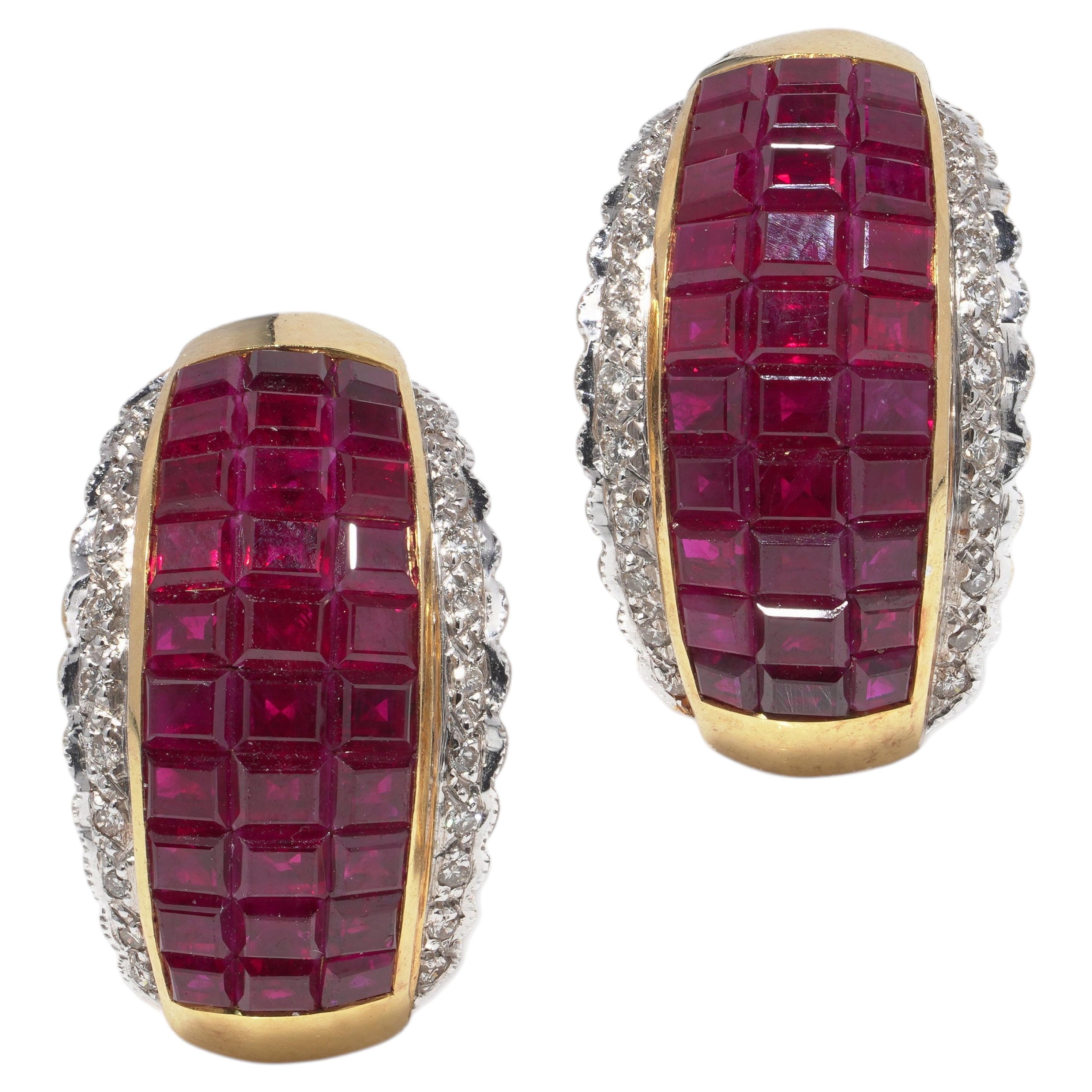 Boucles d'oreilles clips et clous d'oreilles convertibles en or jaune 18KT avec rubis naturel et diamants