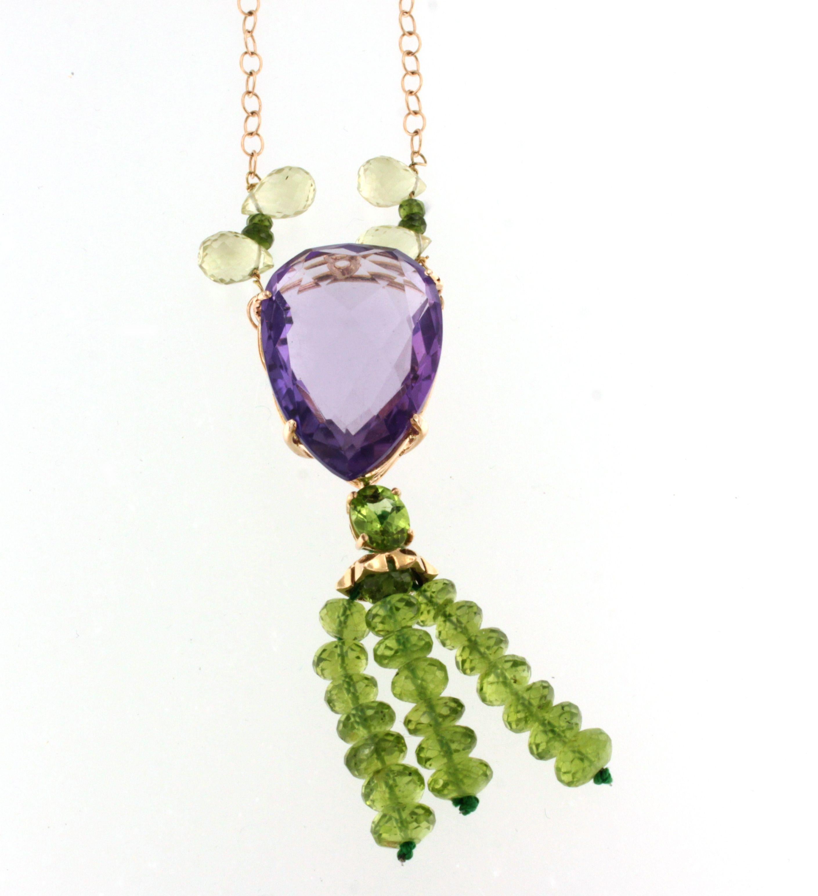 Contemporary 18Kt Yellow Gold Natural Stones Peridots and Amethyst Fashion Long Necklace For Sale