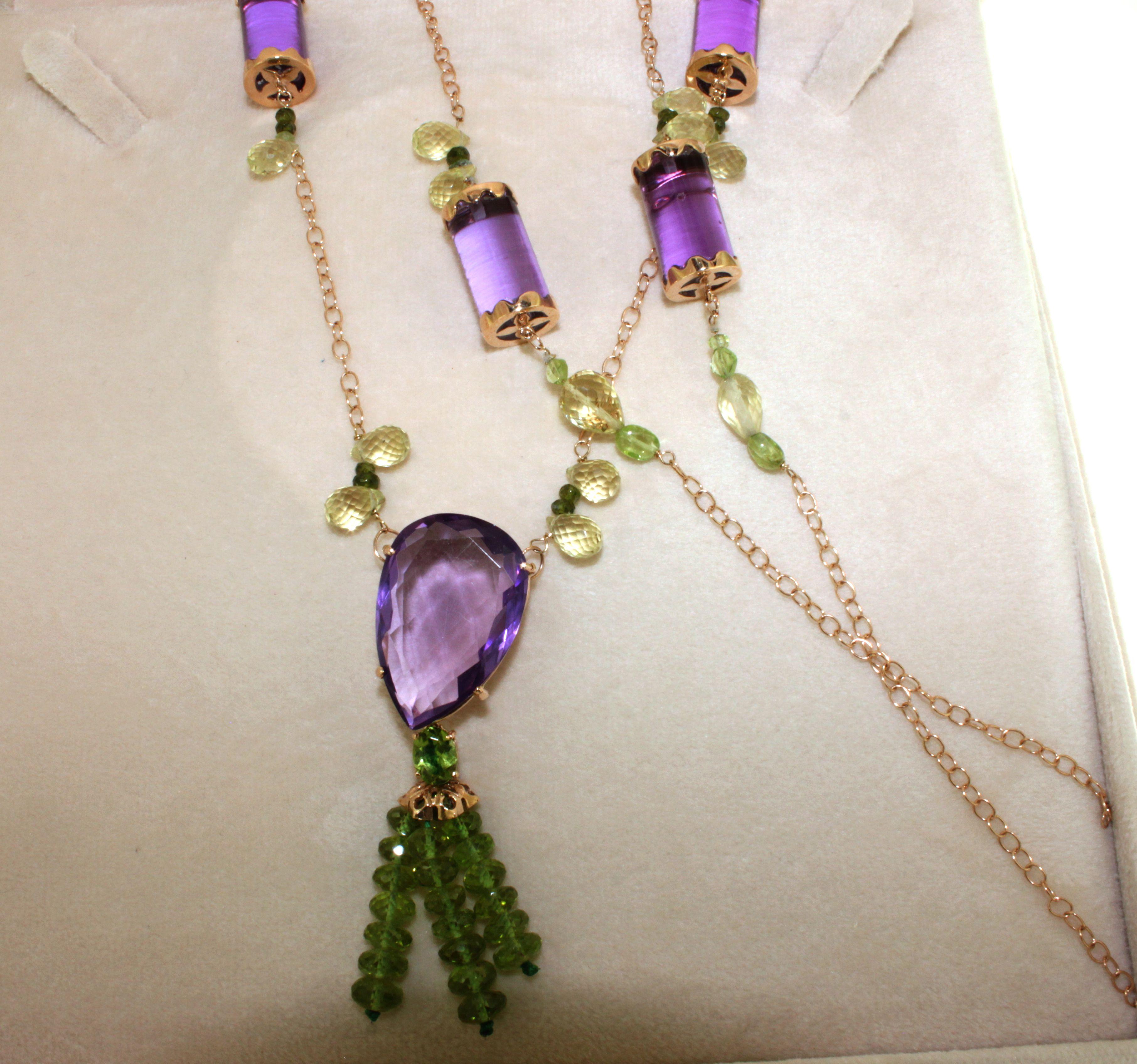 Ball Cut 18Kt Yellow Gold Natural Stones Peridots and Amethyst Fashion Long Necklace For Sale