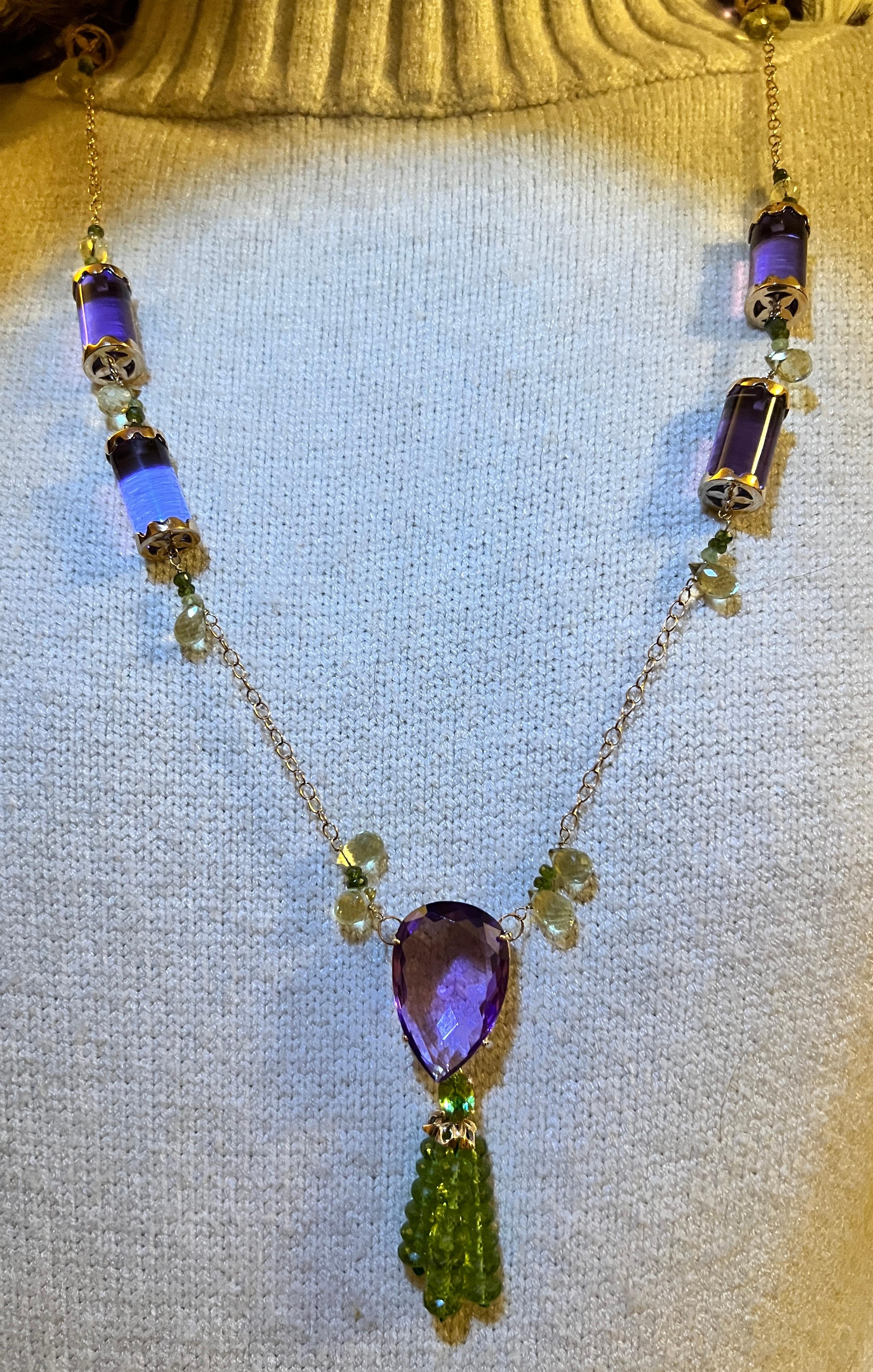 18Kt Yellow Gold Natural Stones Peridots and Amethyst Fashion Long Necklace In New Condition For Sale In GALLARATE, IT