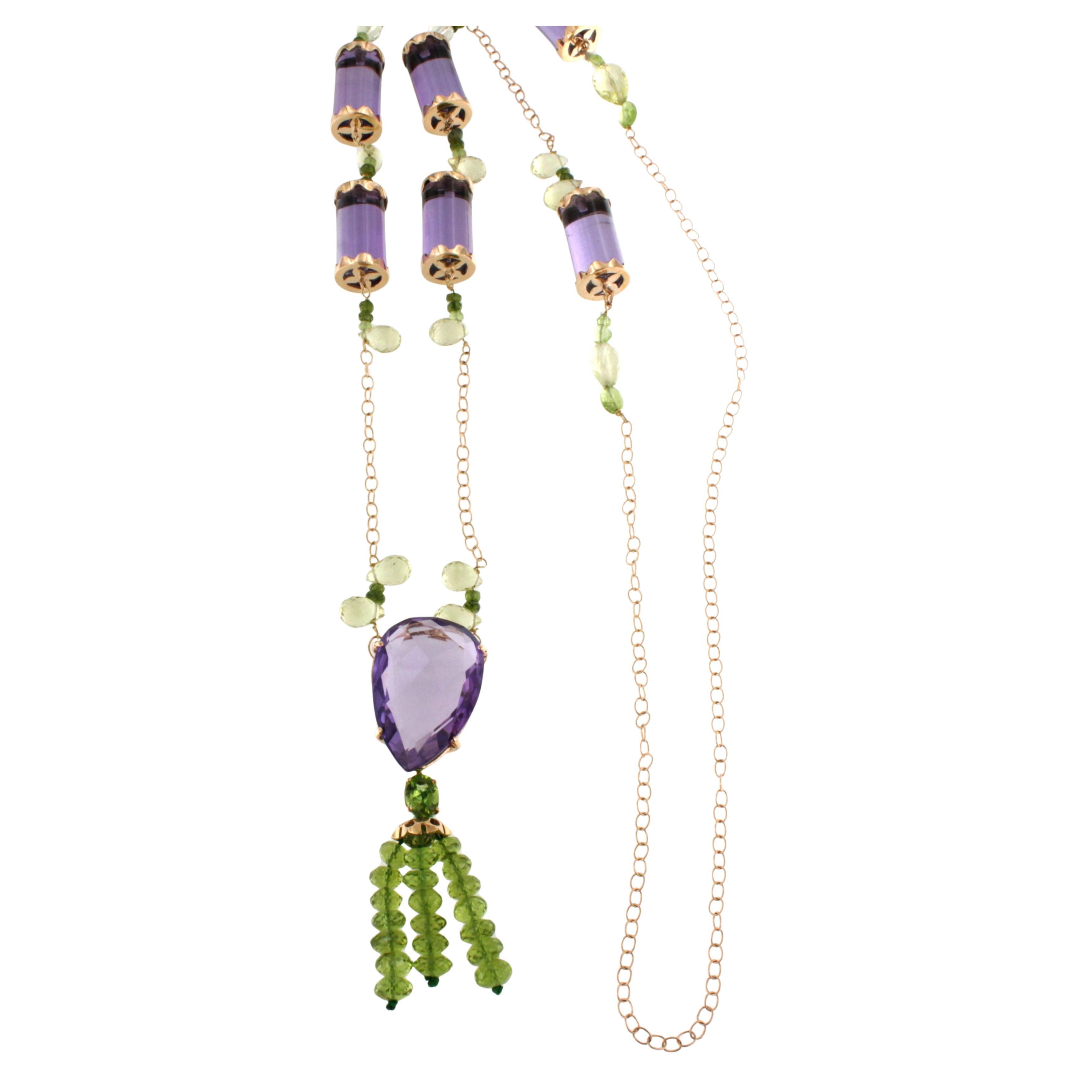 18Kt Yellow Gold Natural Stones Peridots and Amethyst Fashion Long Necklace