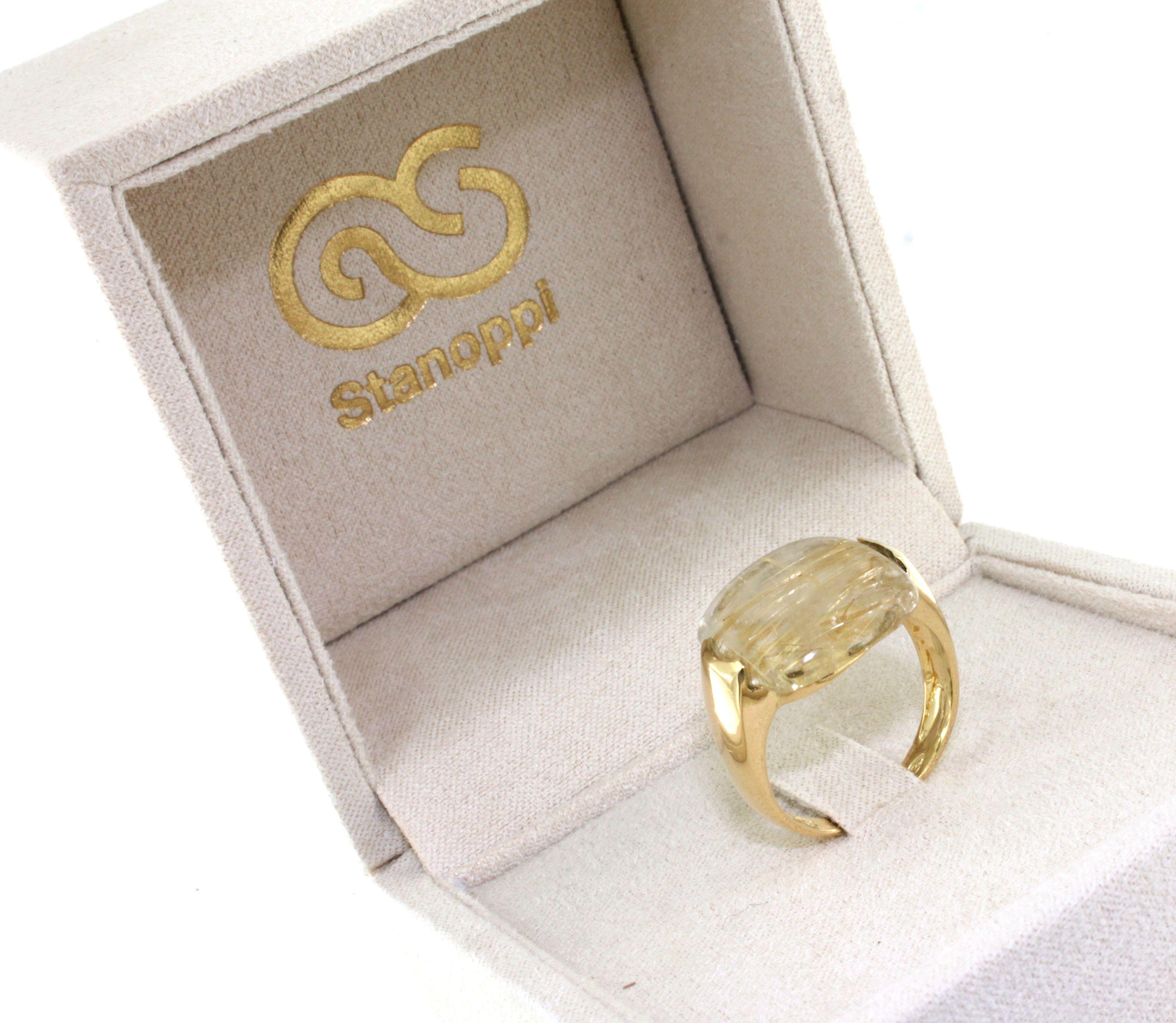 Bague de cocktail élégante en or jaune 18 carats, pierres naturelles et quartz rutile à la mode Neuf - En vente à GALLARATE, IT