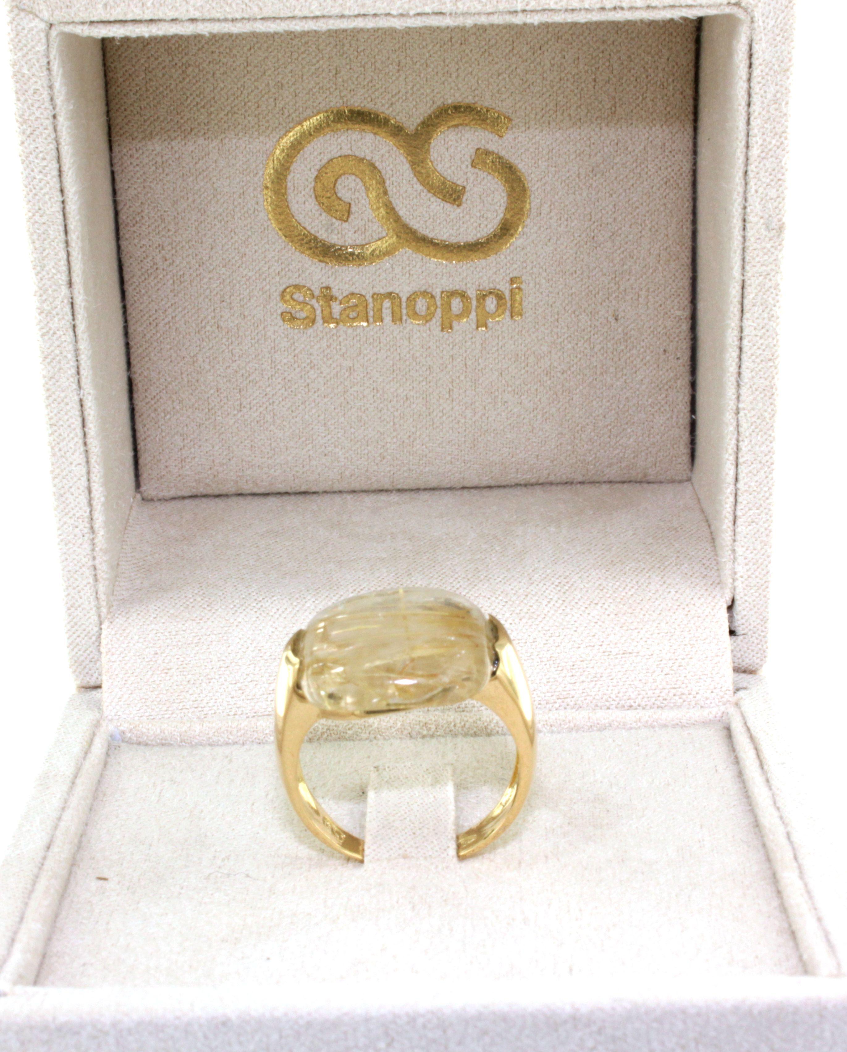 Bague de cocktail élégante en or jaune 18 carats, pierres naturelles et quartz rutile à la mode Unisexe en vente