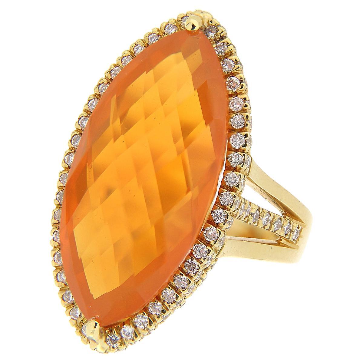 18Kt Yellow Gold Navette Ring Orange Citrine Quartz & Diamonds For Sale