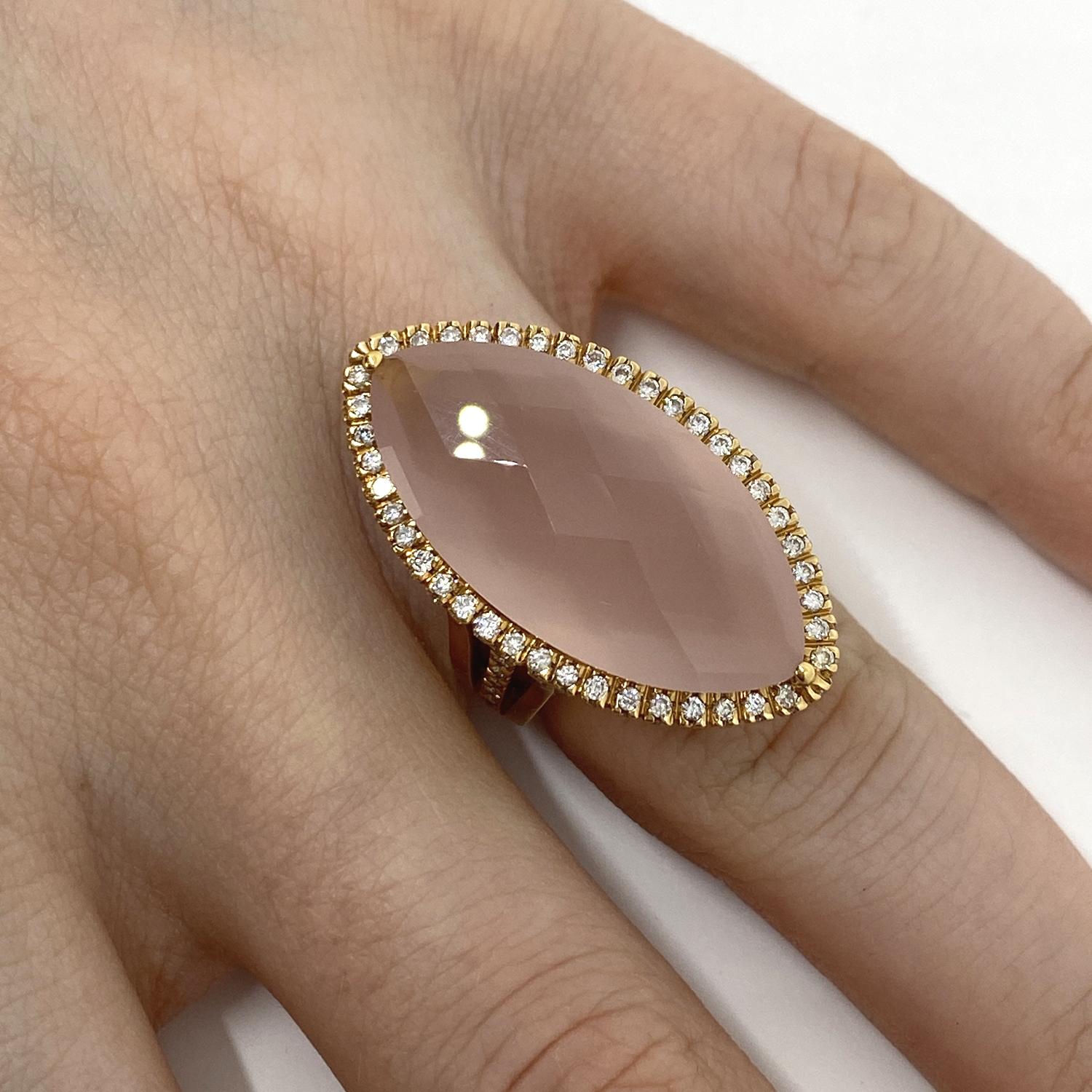 Ring made of 18 kt yellow gold with central Pink Navette made of natural citrine quartz and outline of natural white brilliant-cut diamonds for ct.0.75

Welcome to our jewelry collection, where every piece tells a story of timeless elegance and