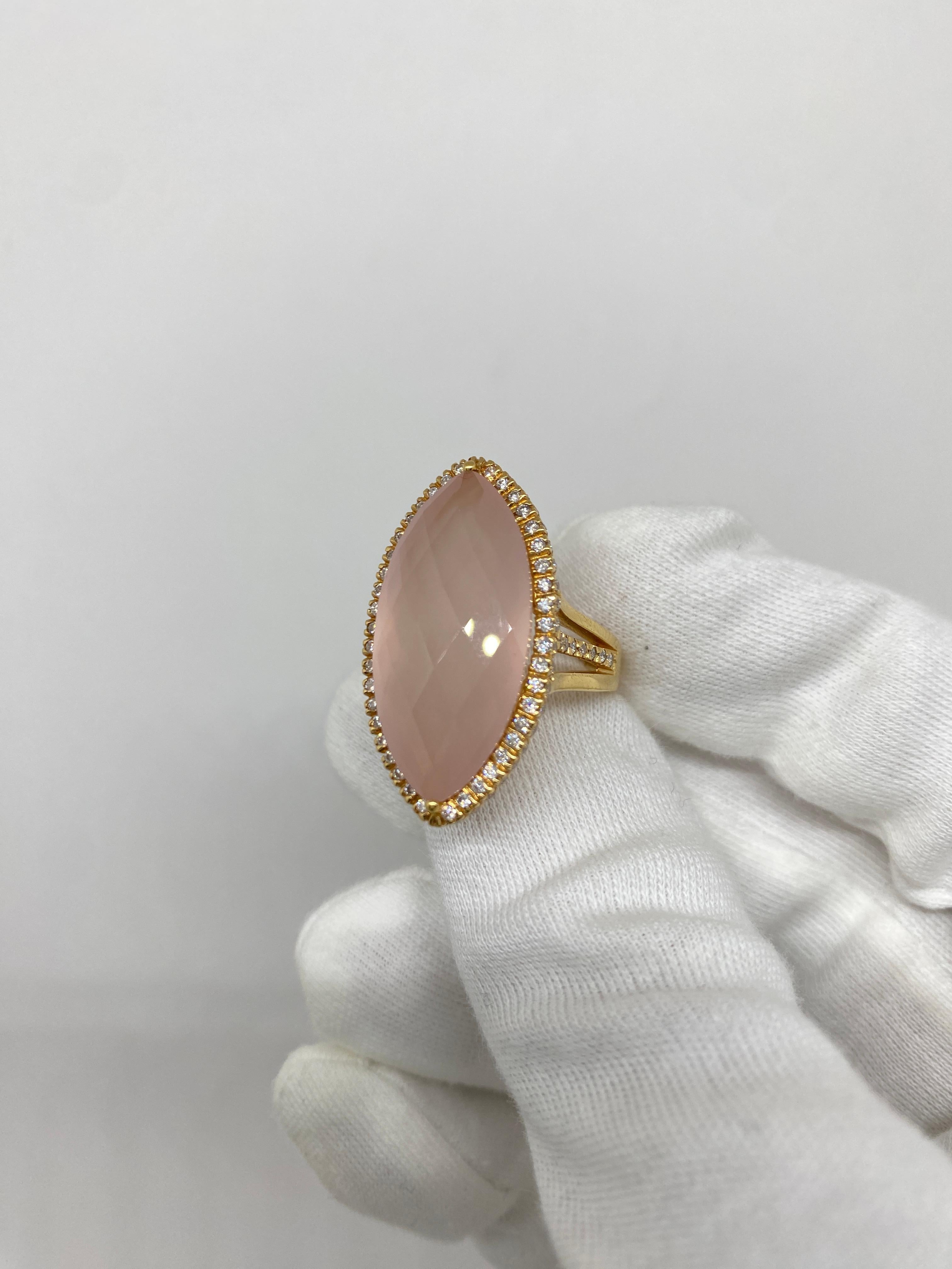 18Kt Yellow Gold Navette Ring Pink Citrine Quartz & Diamonds In New Condition For Sale In Bergamo, BG