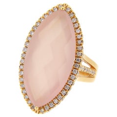 18Kt Yellow Gold Navette Ring Pink Citrine Quartz & Diamonds