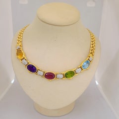 18 Karat Gold Necklace with 5 Oval Semi-Precious Stones and 1.36 Carat Diamonds