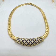 18 Karat Gold Necklace with Basket Weave Diamonds and Blue Sapphires Center