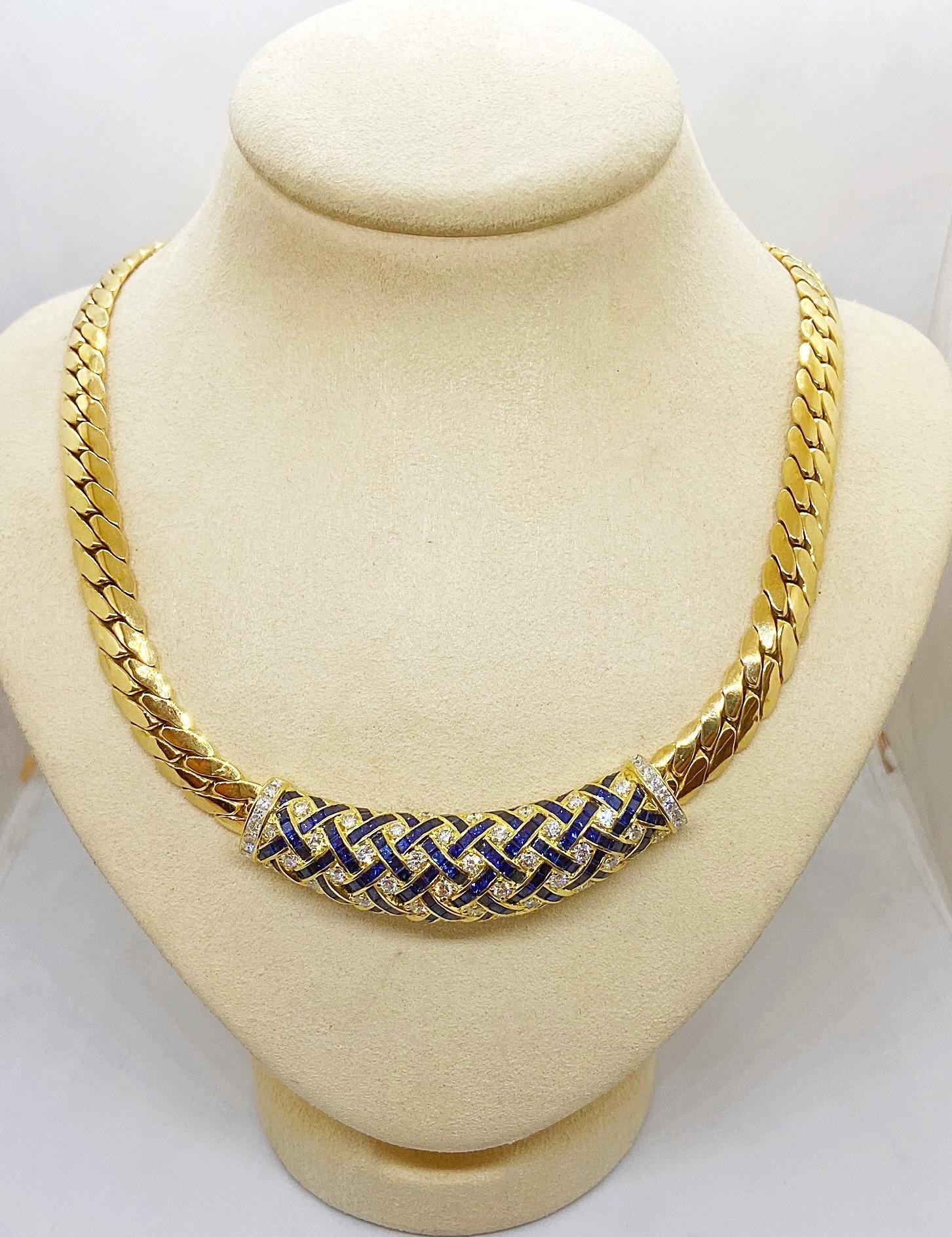Round Cut 18 Karat Gold Necklace with Basket Weave Diamonds and Blue Sapphires Center For Sale