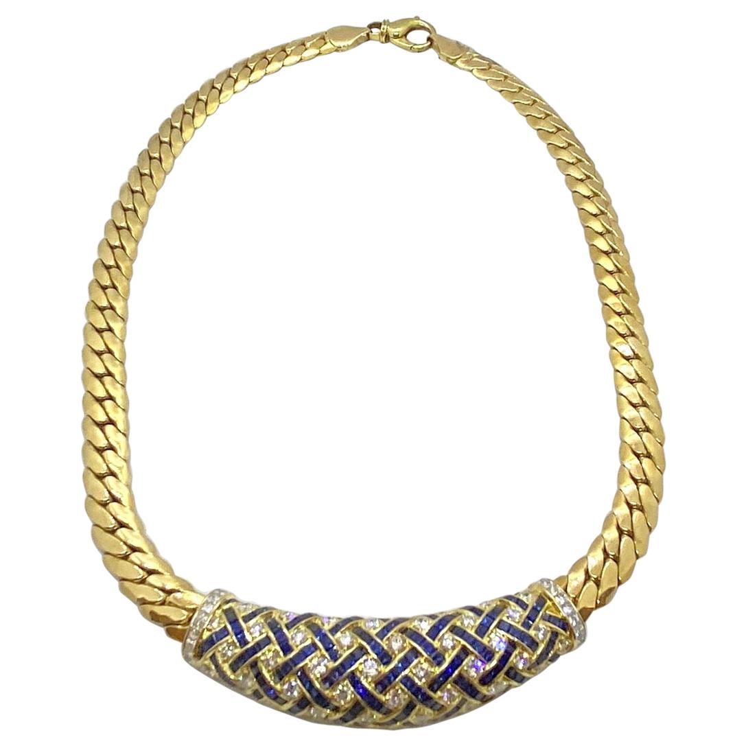 18 Karat Gold Necklace with Basket Weave Diamonds and Blue Sapphires Center For Sale