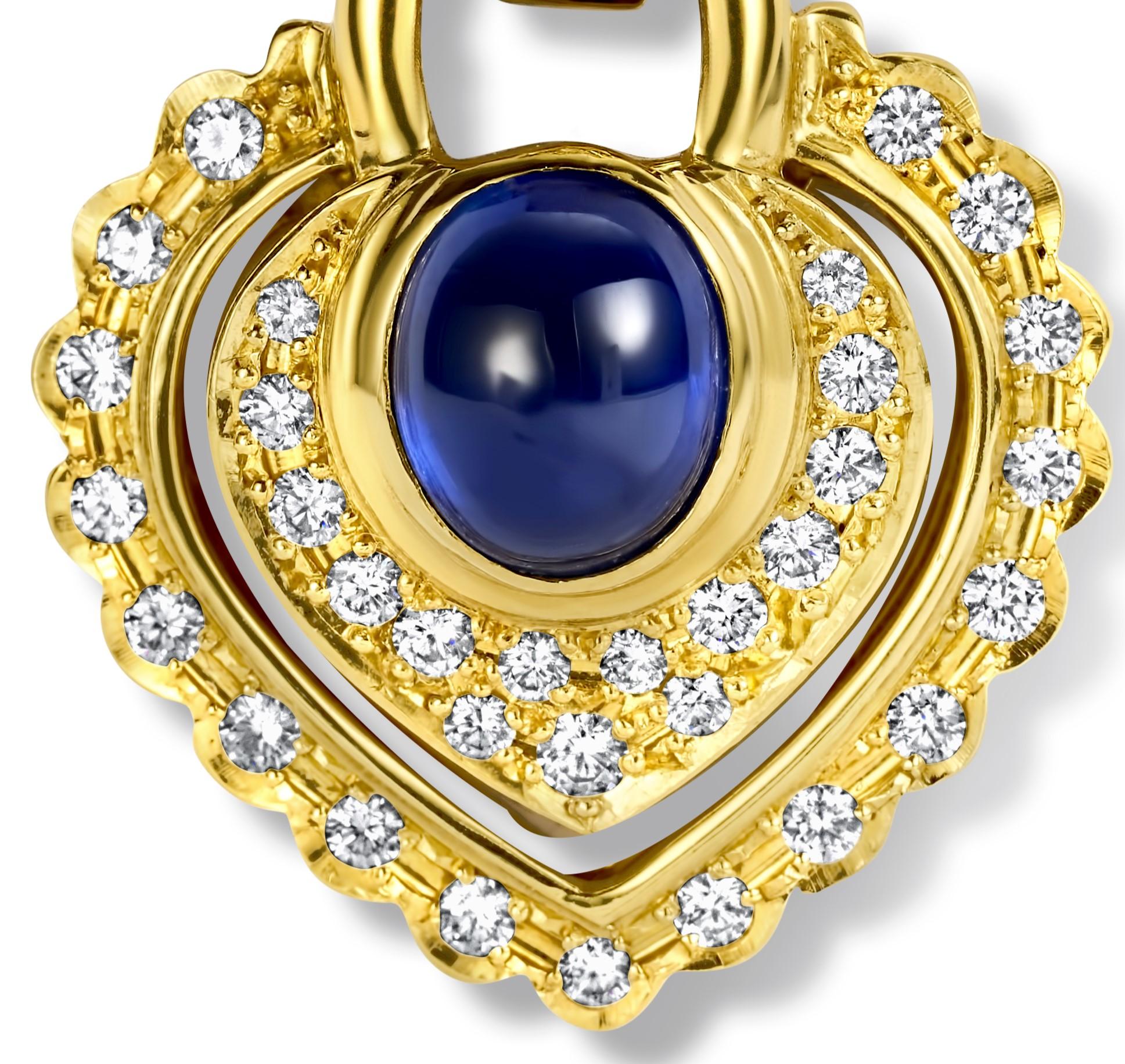 Women's or Men's 18kt. Yellow Gold Necklace, With Heart Shape Pendant & 2.89ct. Cabochon Sapphire For Sale