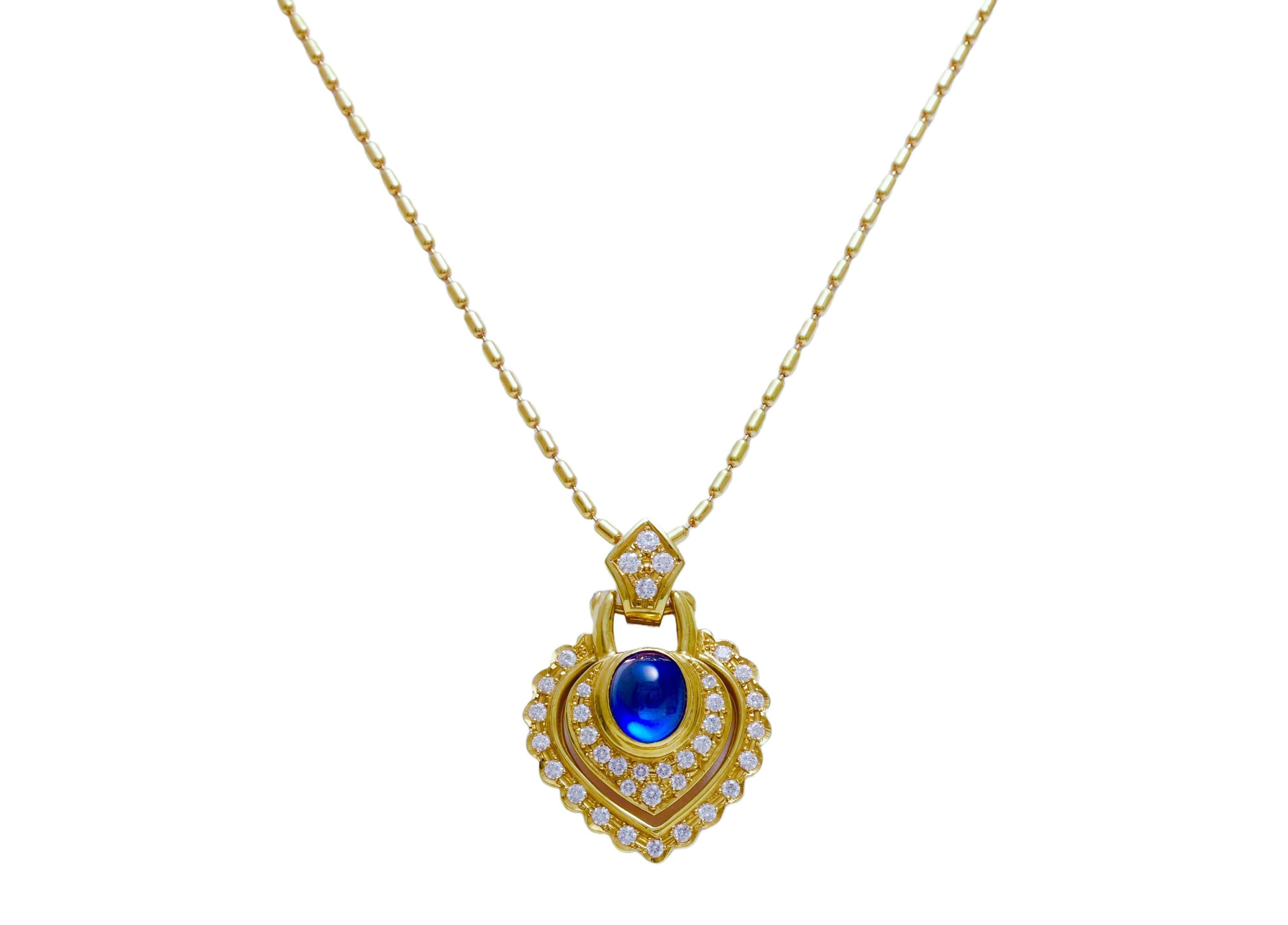 18kt. Yellow Gold Necklace, With Heart Shape Pendant & 2.89ct. Cabochon Sapphire For Sale 1