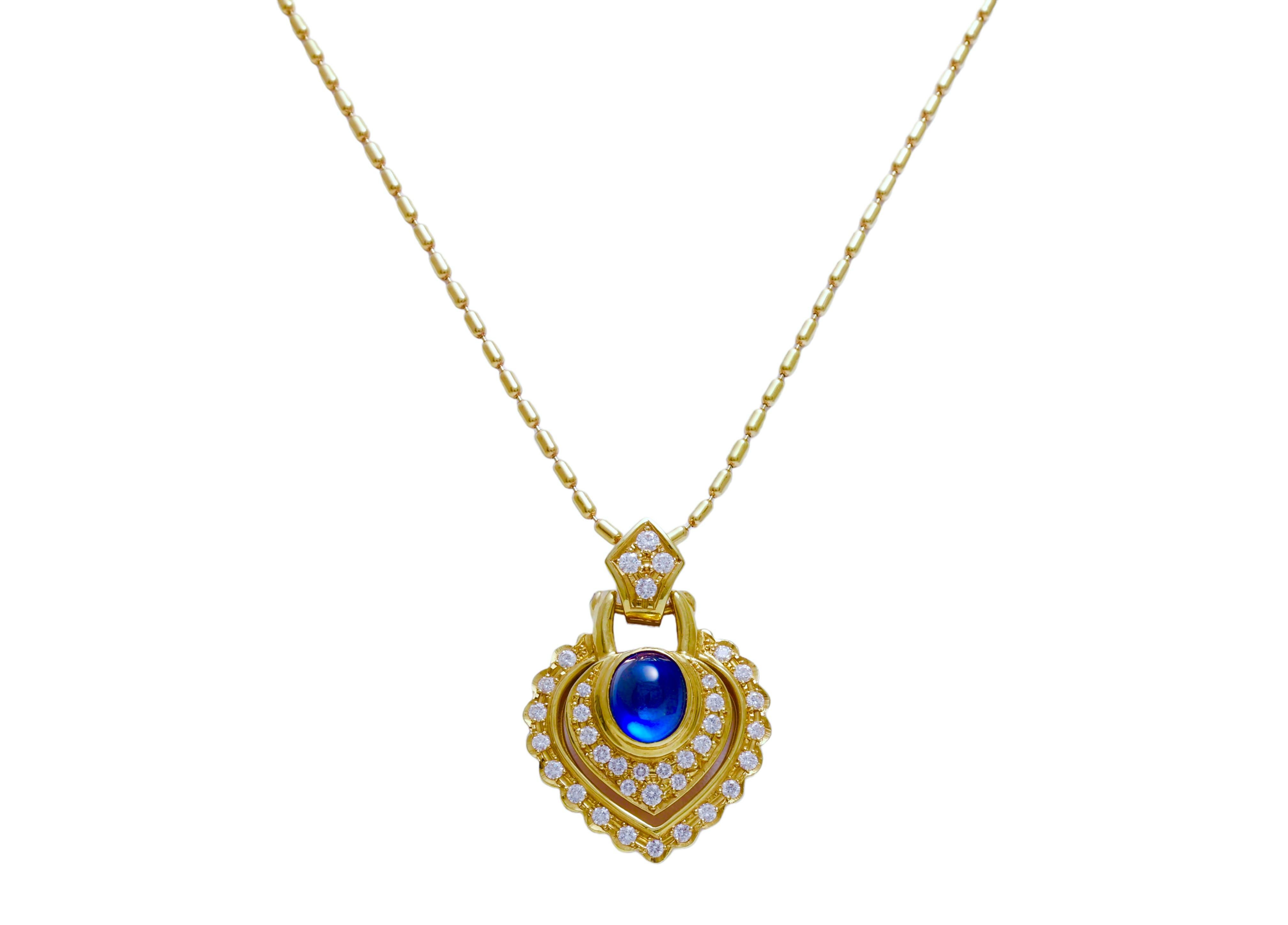18kt. Yellow Gold Necklace, With Heart Shape Pendant & 2.89ct. Cabochon Sapphire For Sale 1