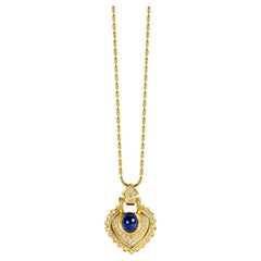 Vintage 18kt. Yellow Gold Necklace, With Heart Shape Pendant & 2.89ct. Cabochon Sapphire