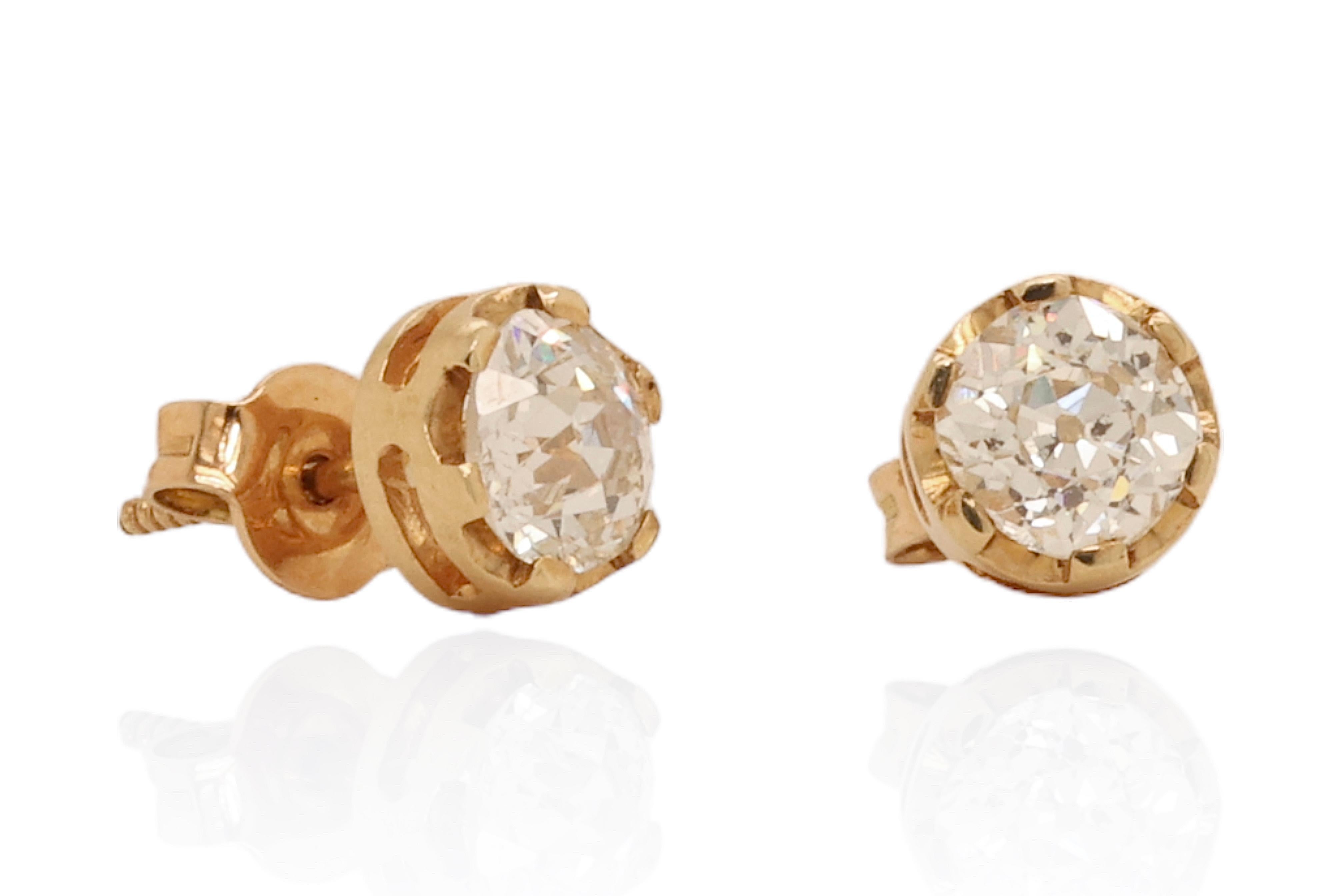 18 Karat Yellow Gold Old Mine Diamond Stud Earrings Together 2 Carat For Sale 3