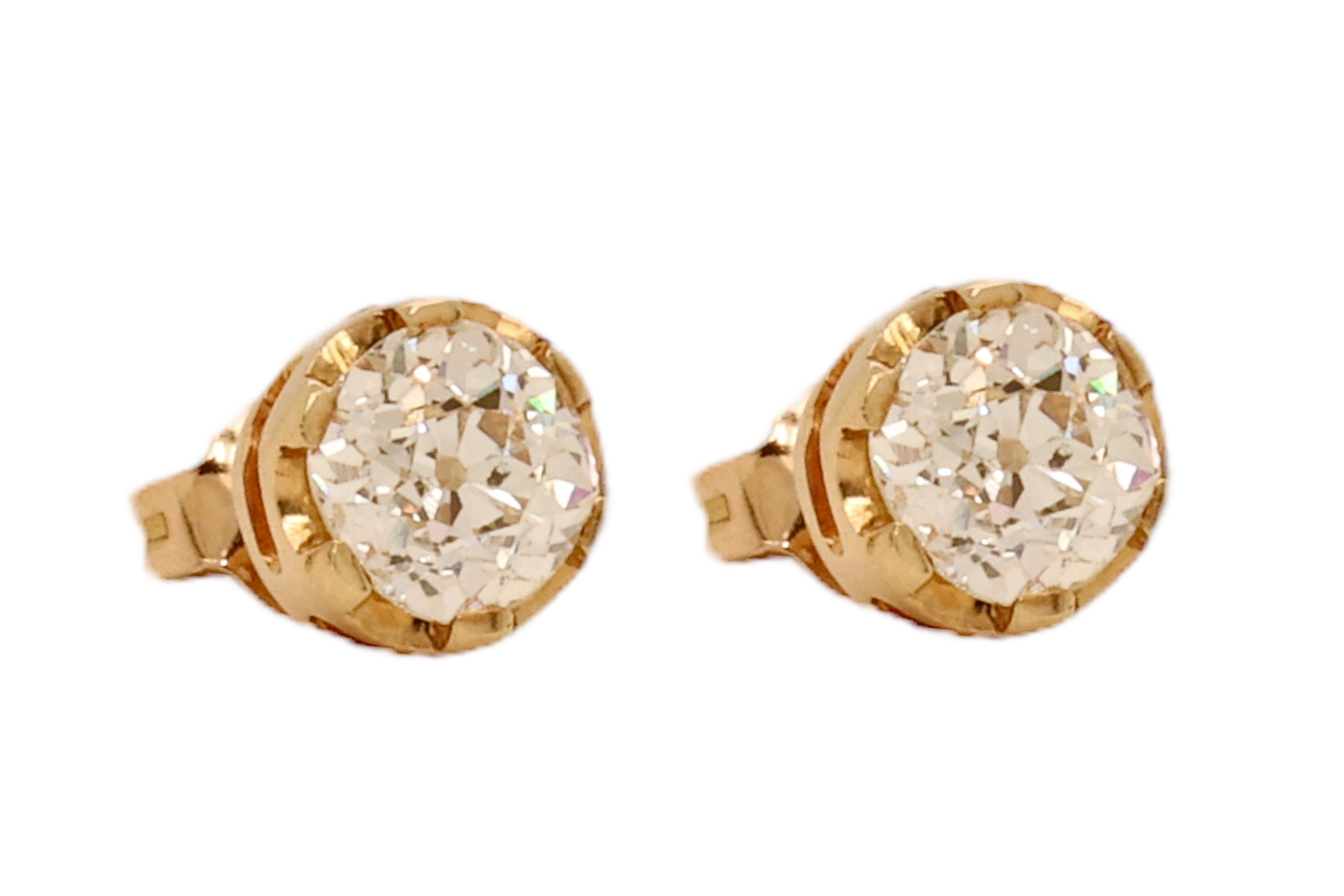 Artisan 18 Karat Yellow Gold Old Mine Diamond Stud Earrings Together 2 Carat For Sale