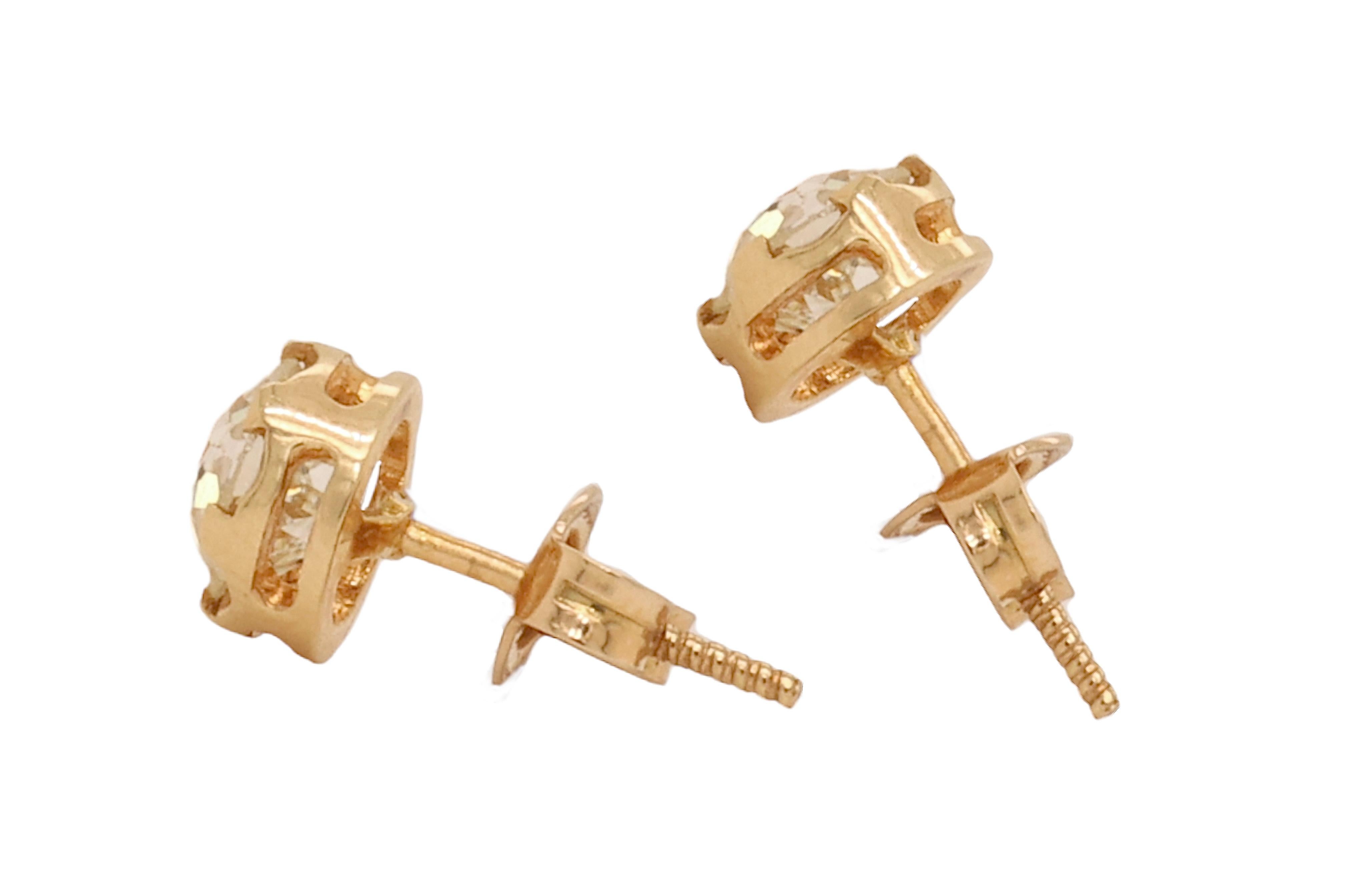 18 Karat Yellow Gold Old Mine Diamond Stud Earrings Together 2 Carat For Sale 1