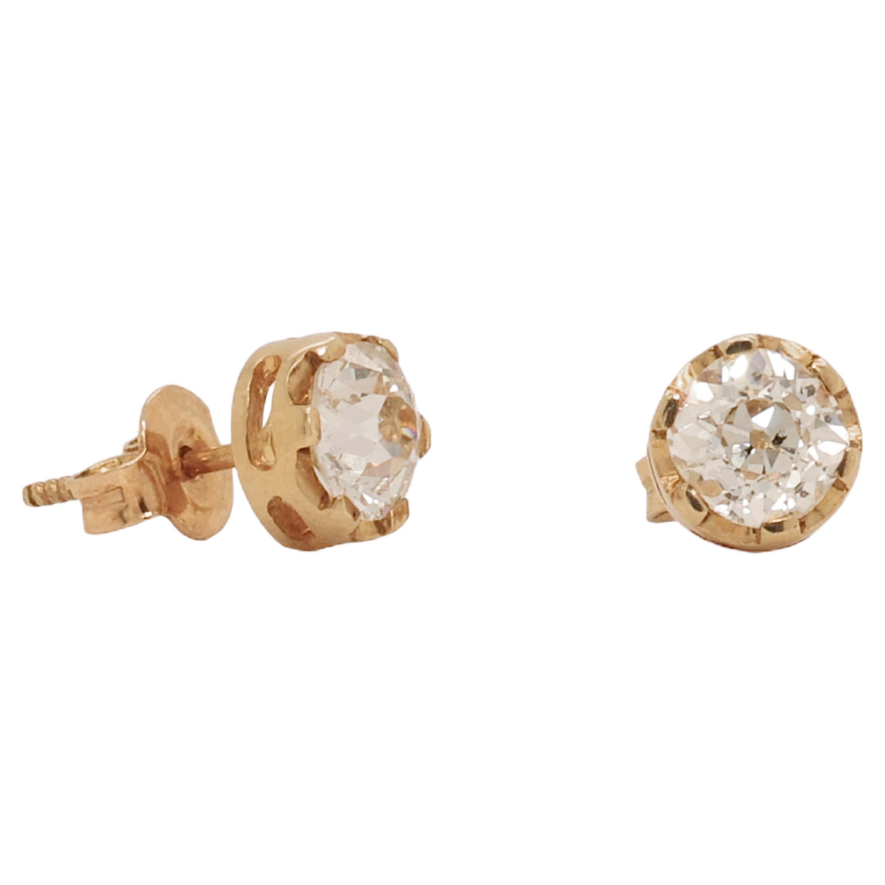 18 Karat Yellow Gold Old Mine Diamond Stud Earrings Together 2 Carat For Sale