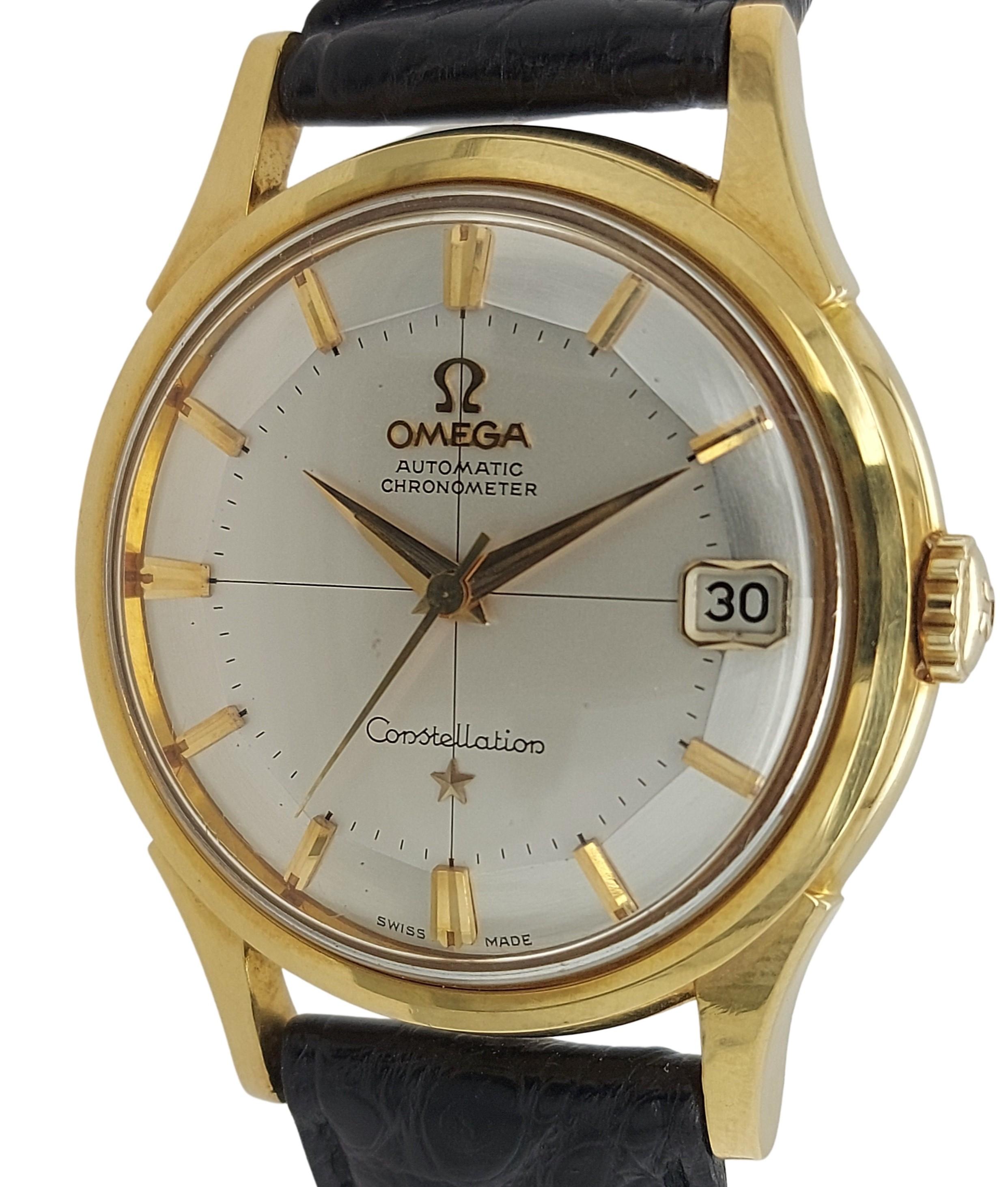 Collectible item 18kt Yellow Gold Omega Constellation Chronometer, Pie Pan Dial Wristwatch 14393/4 SC

Movement: Automatic, self winding movement, Cal 561

Functions: Hours, minutes, sweep seconds, date window at 3 position

Case: 18kt solid gold