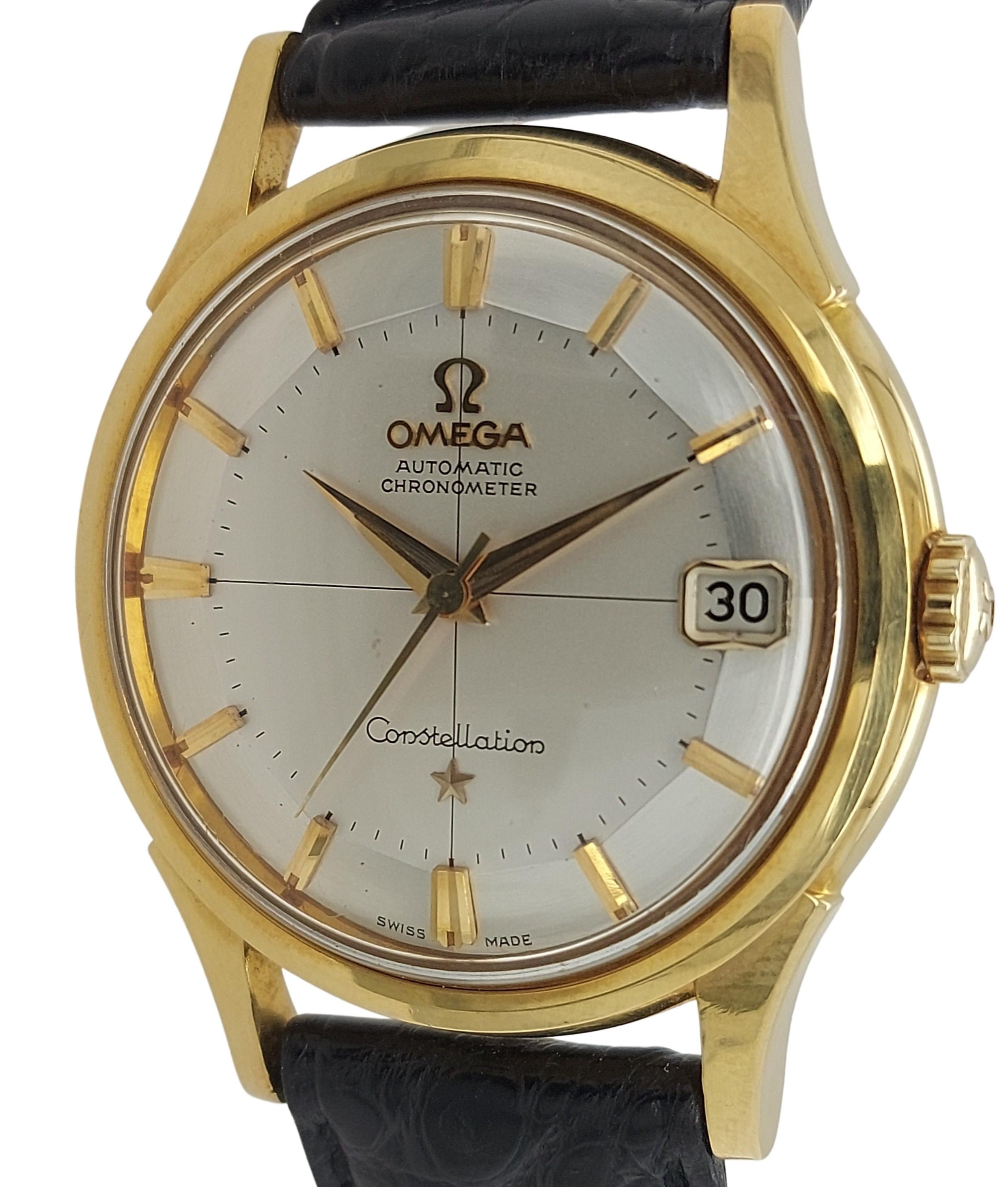 Sammlerstück 18kt Gelbgold Omega Constellation Chronometer, Pie Pan Zifferblatt Armbanduhr 14393/4 SC

Uhrwerk: Automatikwerk mit Selbstaufzug, Kal. 561

Funktionen: Stunden, Minuten, Sekundenanzeige, Datumsfenster an Position 3

Gehäuse: 18kt