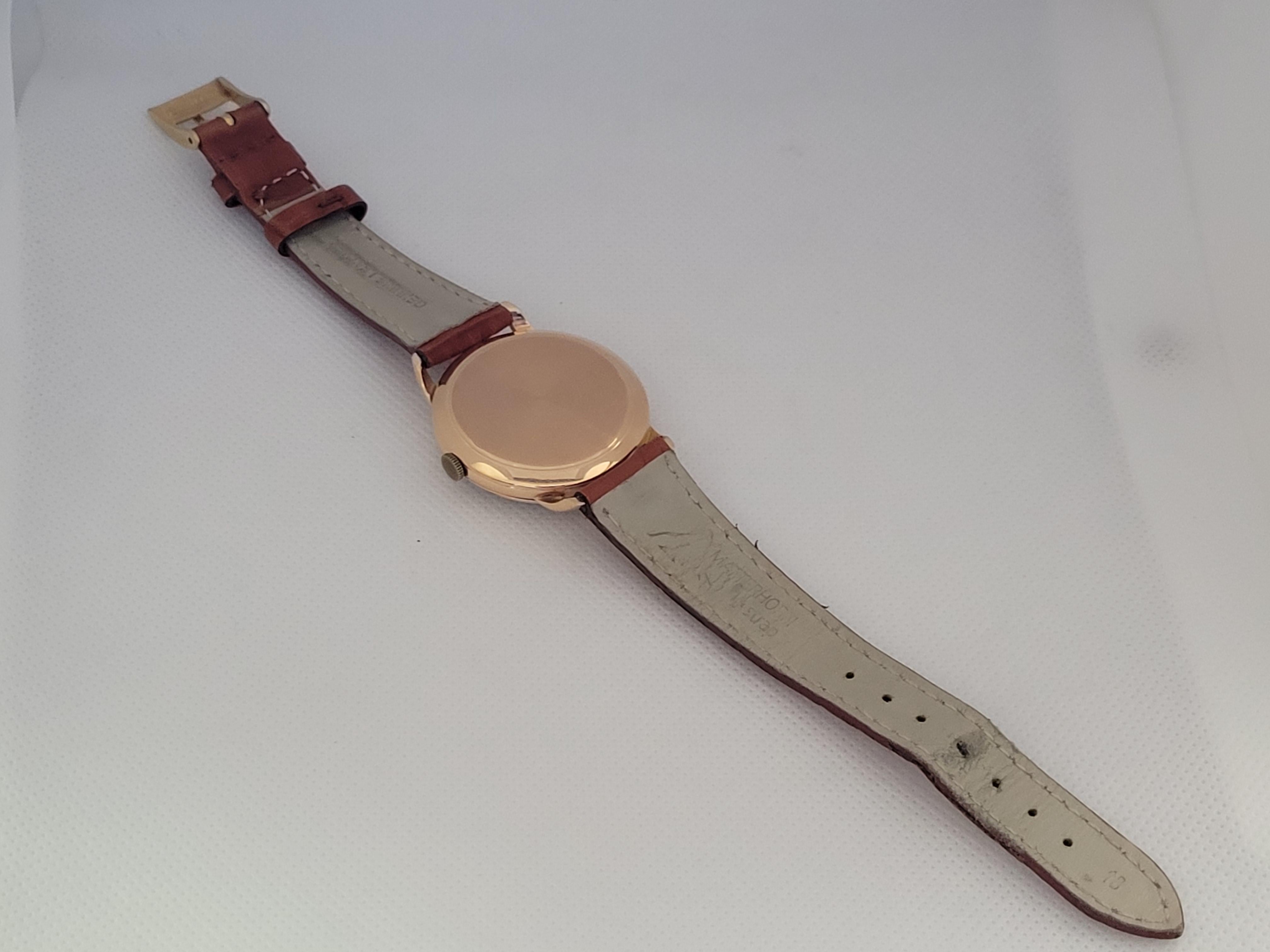 18kt Yellow Gold Omega Watch De Ville Tresor 1950s 2685 Case Tan Leather 3