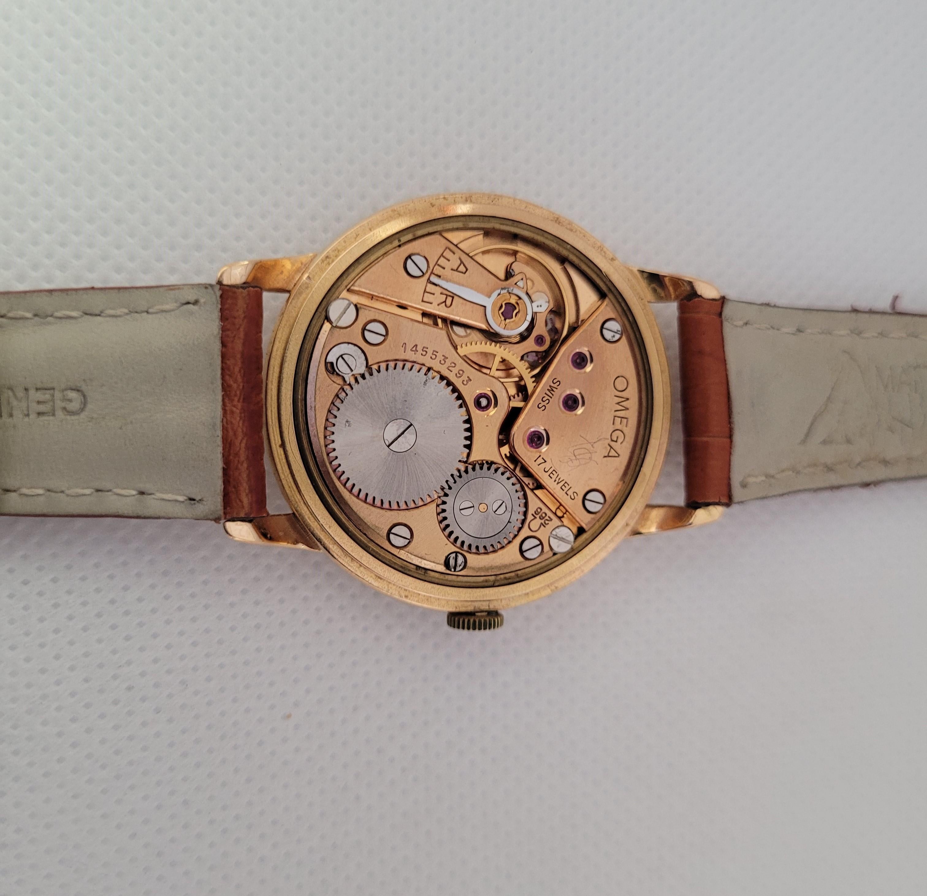 Modern 18kt Yellow Gold Omega Watch De Ville Tresor 1950s 2685 Case Tan Leather