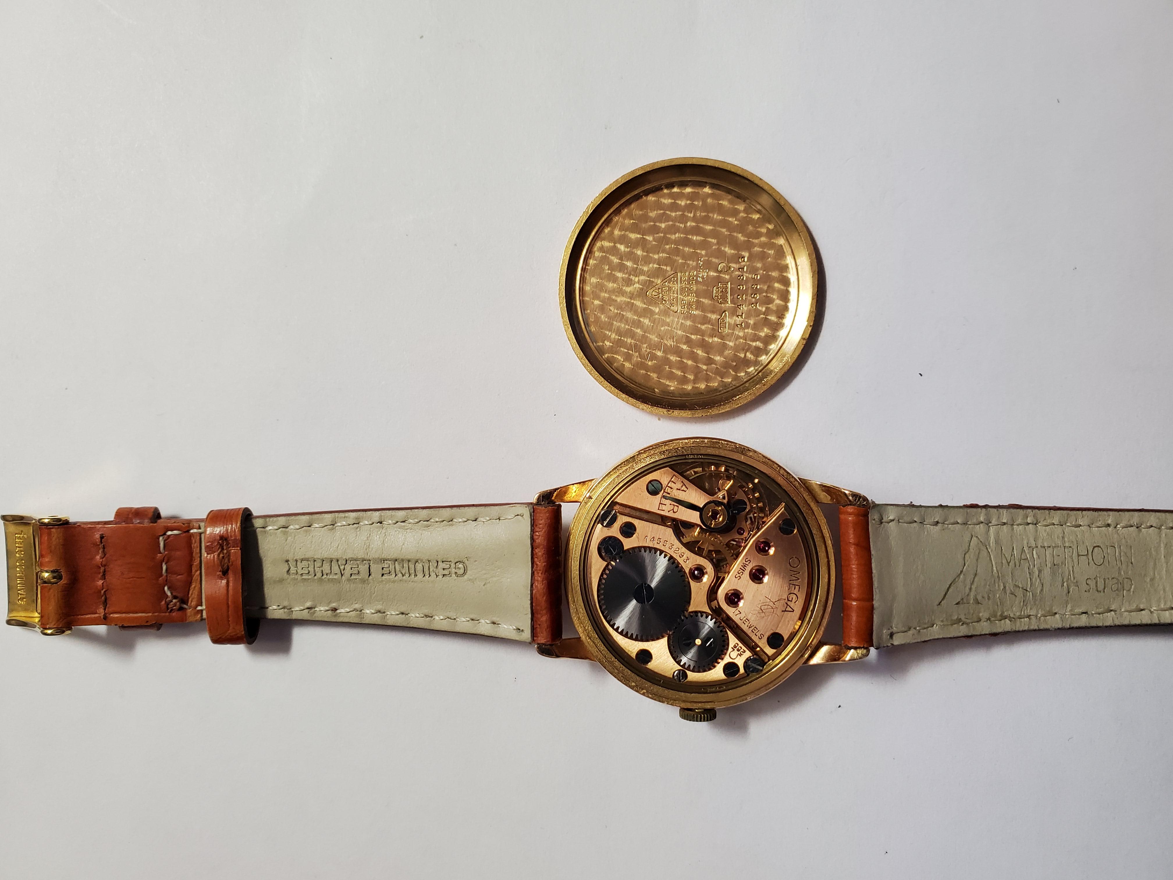 18kt Yellow Gold Omega Watch De Ville Tresor 1950s 2685 Case Tan Leather 1