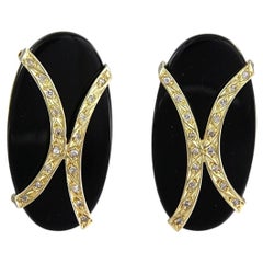 18kt Yellow Gold Onyx and Diamond Clip-On Earrings, 0.10ct Total