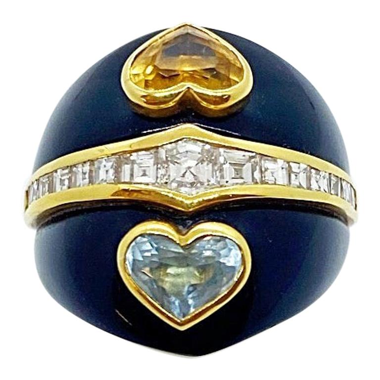 18KT Yellow Gold Onyx Double Heart Ring With Diamonds, Citrines & Aquamarines For Sale