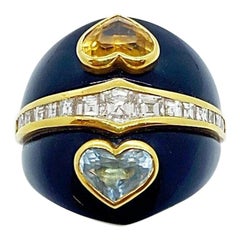 Vintage 18KT Yellow Gold Onyx Double Heart Ring With Diamonds, Citrines & Aquamarines