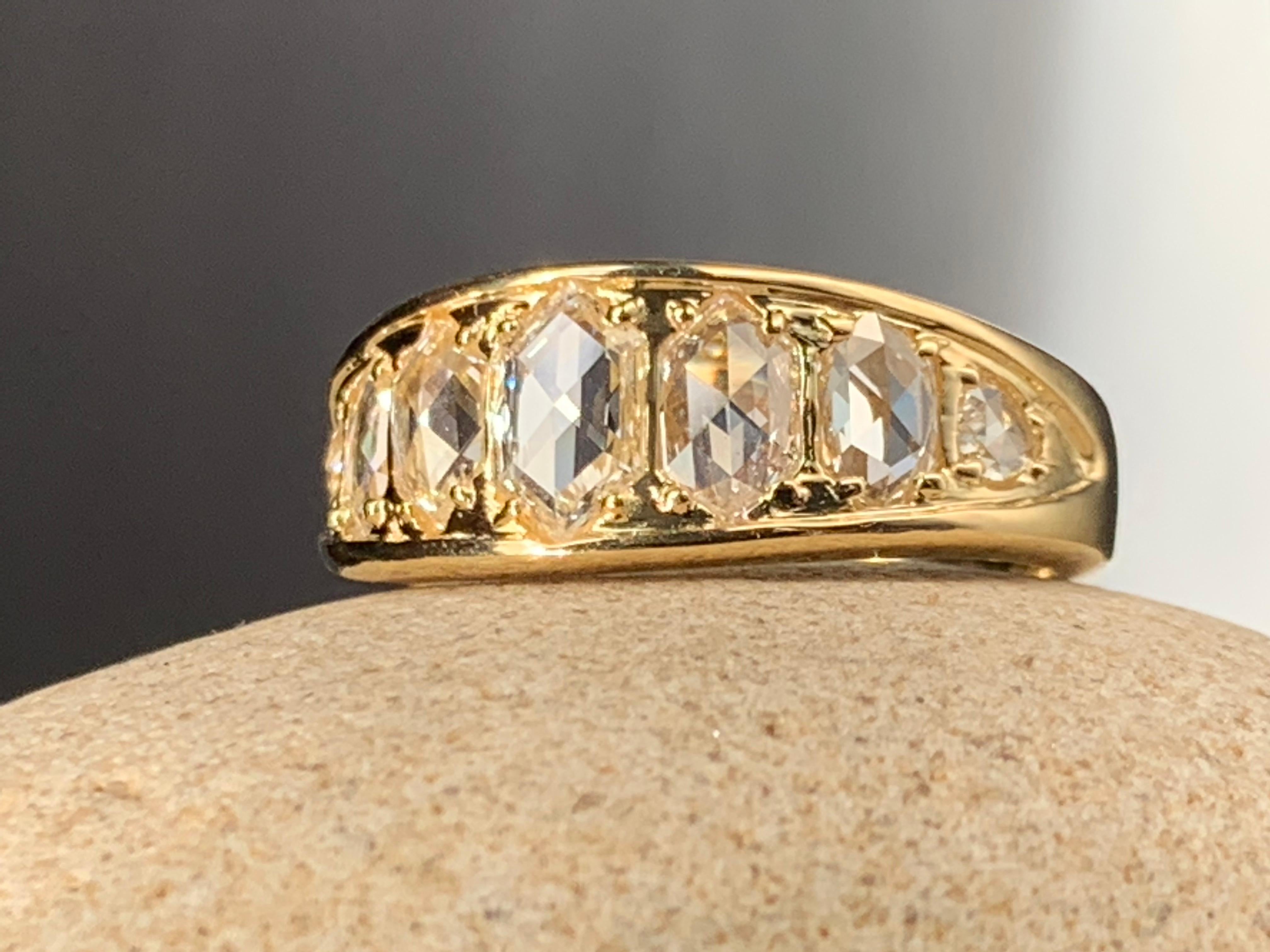 The one-of-a-kind band of graduating hexagonal shaped fine white rose cut diamonds is both graceful and bold. A dynamic play of sparkling light flows spontaneously across the band.

18kt yellow gold
White rose cut diamonds: 1.33 cts
Width: 5/16