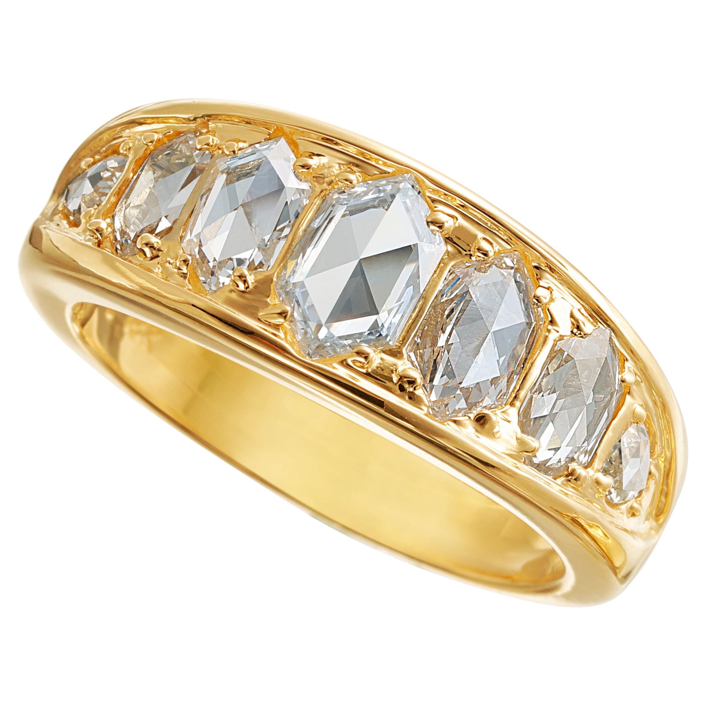 18kt Yellow Gold OOAK Band Ring with Hexagonal White Rose Cut Diamonds For Sale