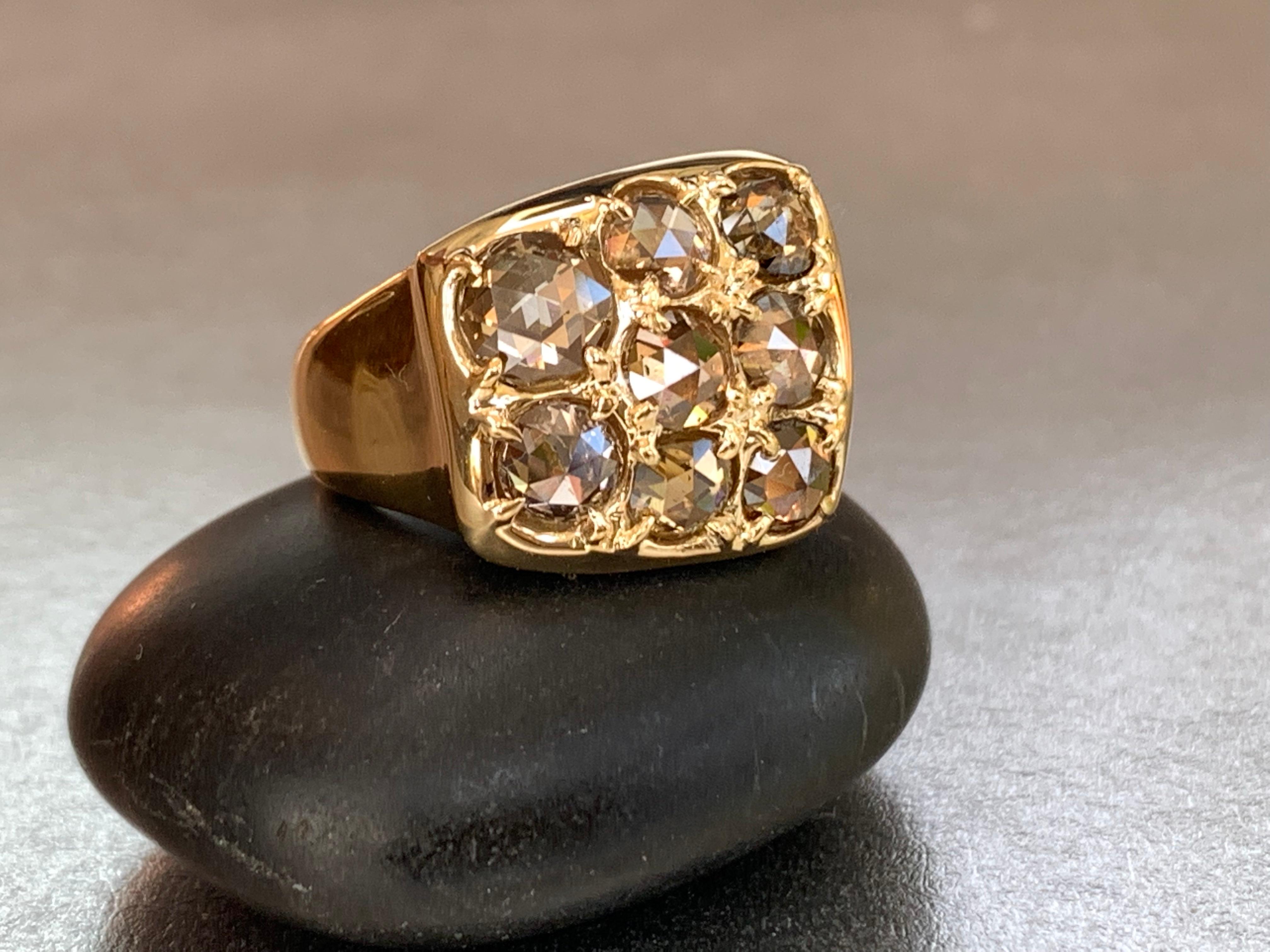 Breiter 18 Karat Gelbgold Cluster-Ring mit schokoladenbraunen Diamanten im Rosenschliff im Angebot 6