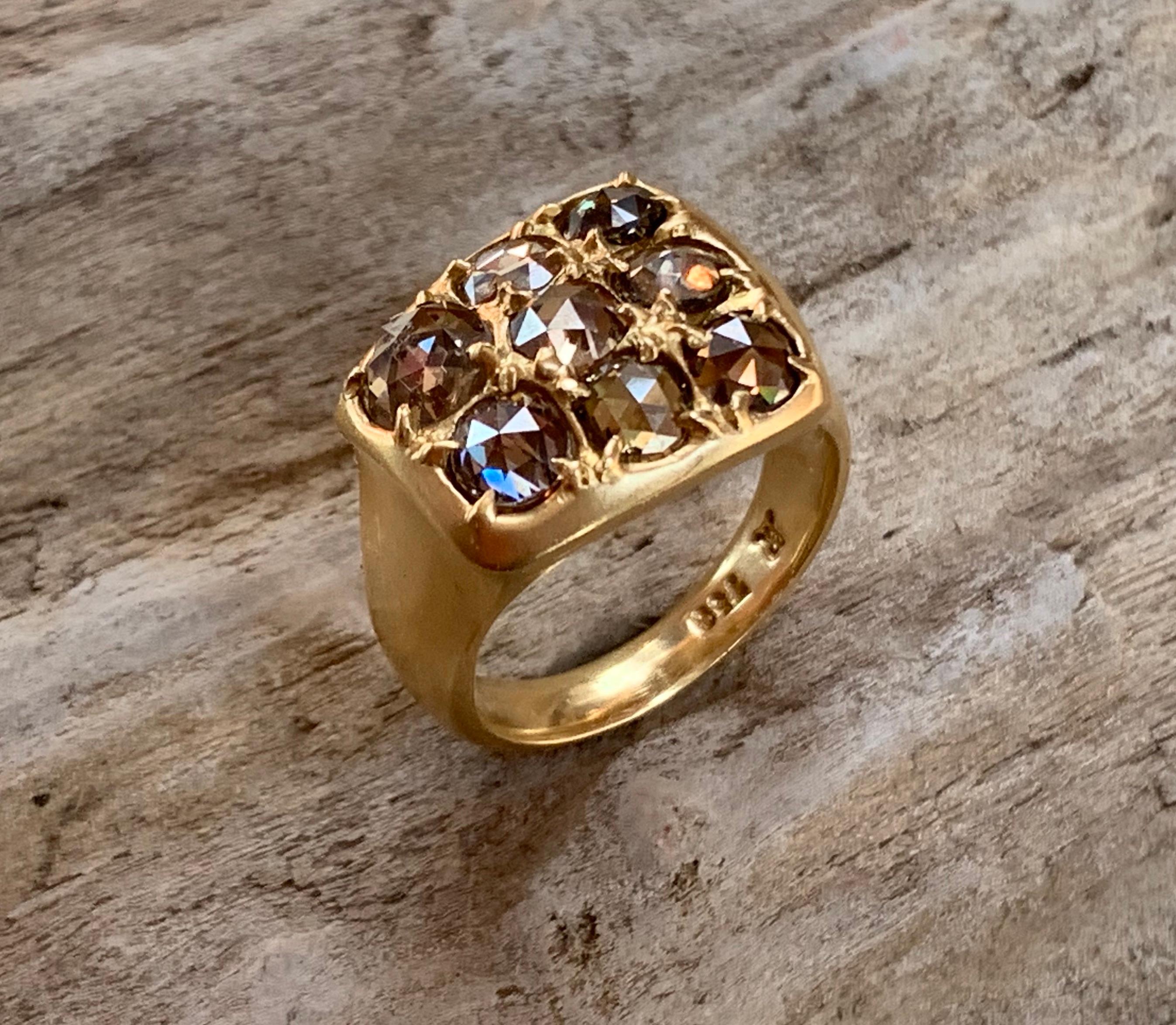 18kt Yellow Gold Cluster Wide Band Ring with Chocolate Brown Rose Cut Diamonds In New Condition For Sale In Weehawken, NJ
