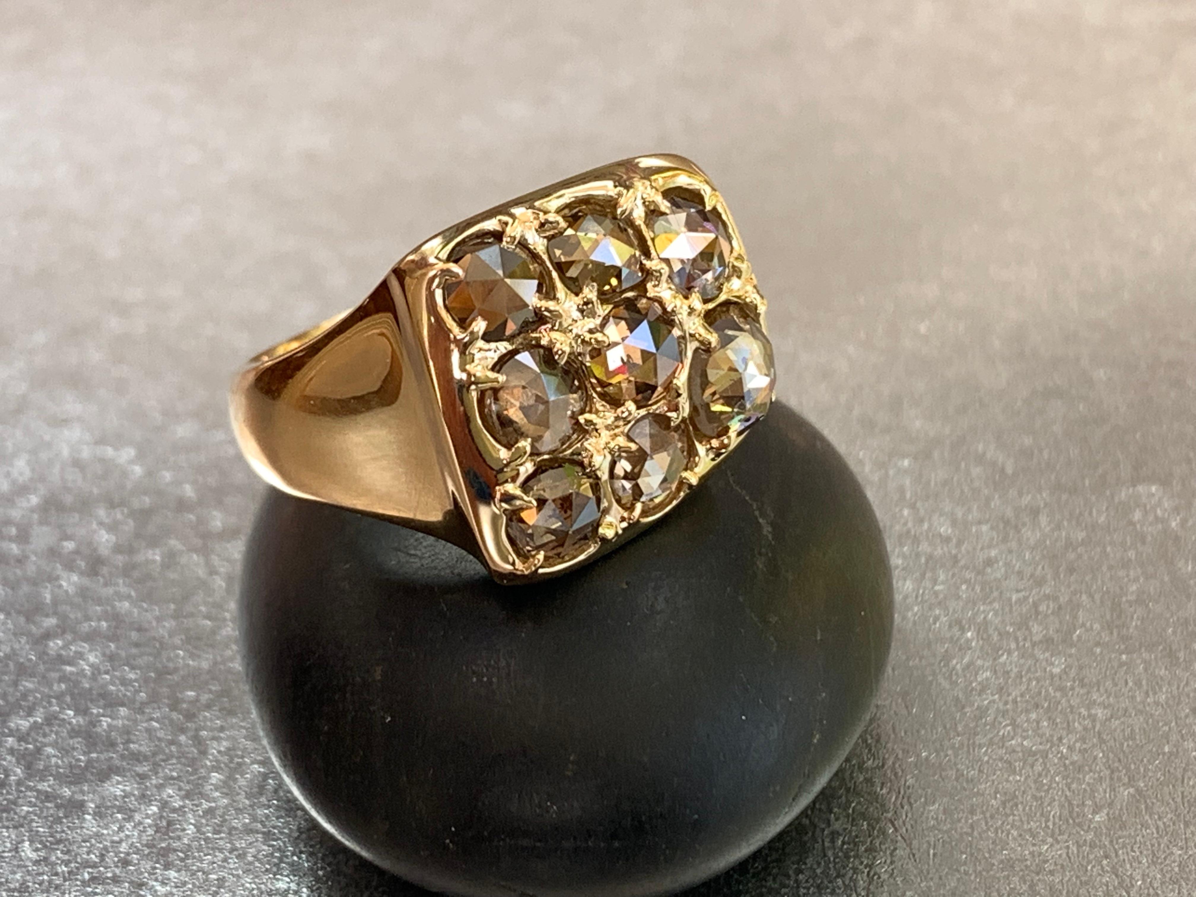 18kt Yellow Gold Cluster Wide Band Ring with Chocolate Brown Rose Cut Diamonds For Sale 2