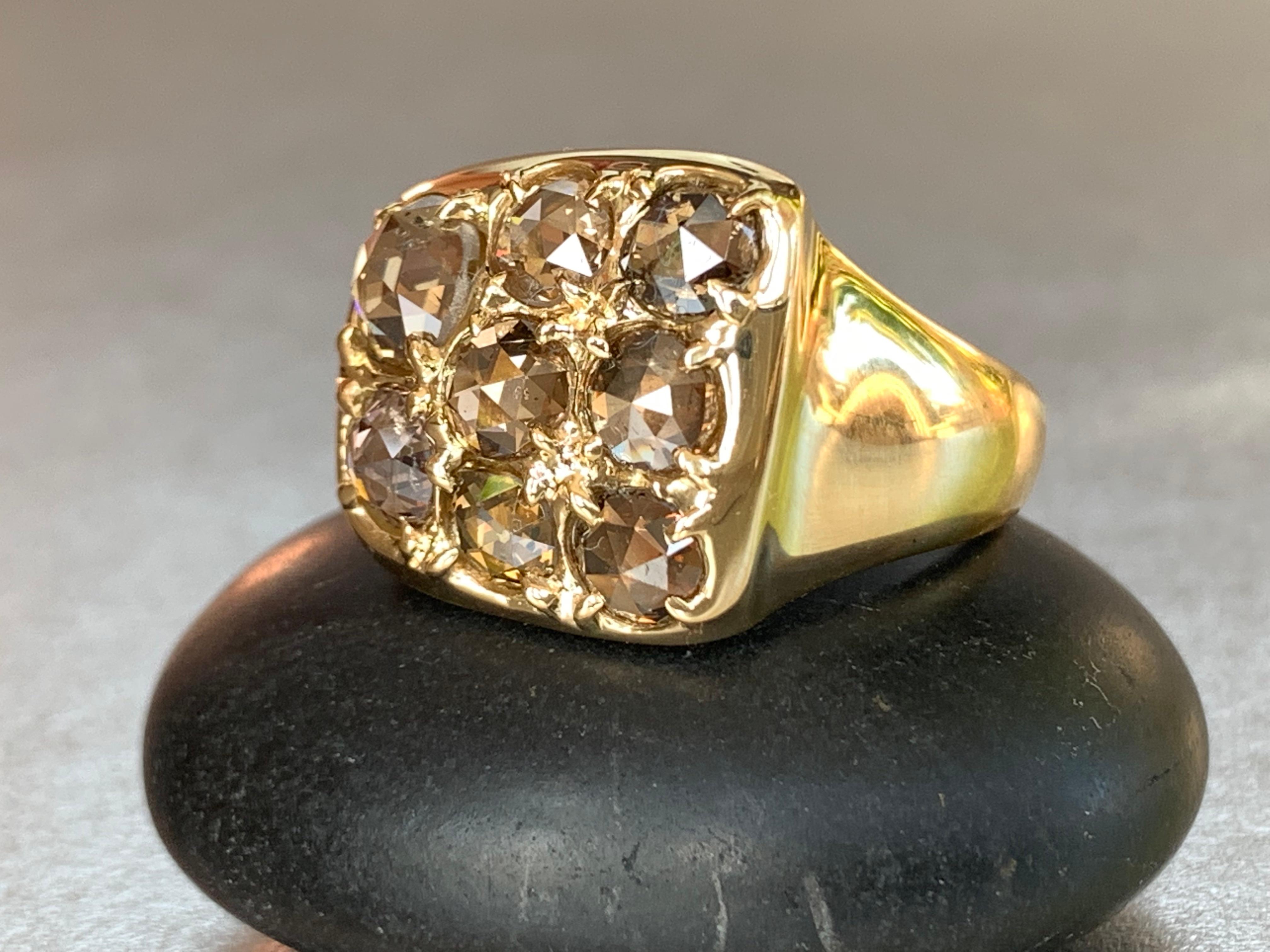 18kt Yellow Gold Cluster Wide Band Ring with Chocolate Brown Rose Cut Diamonds For Sale 5