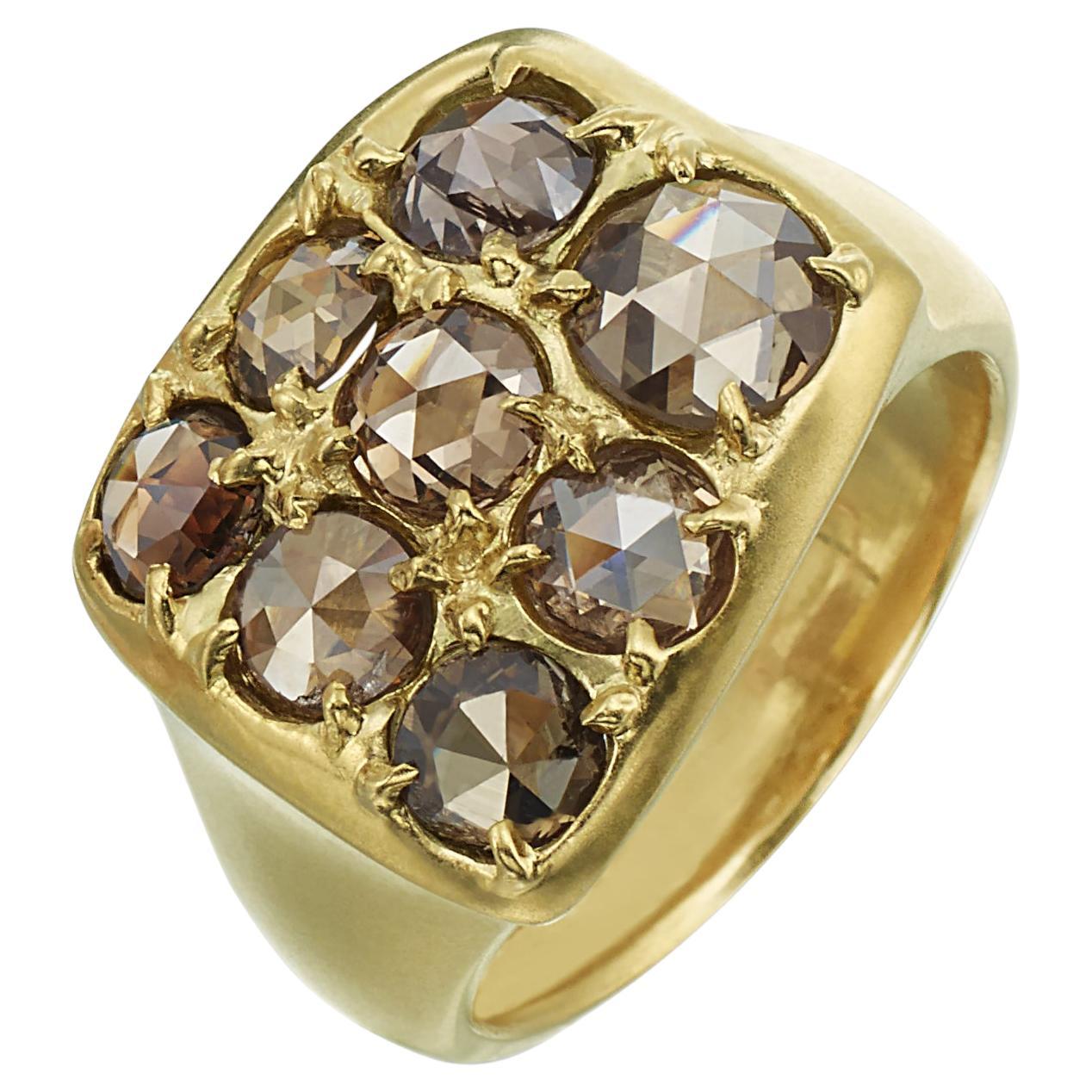 18kt Yellow Gold Cluster Wide Band Ring with Chocolate Brown Rose Cut Diamonds For Sale