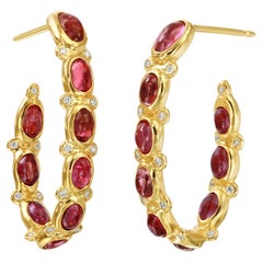 18kt Yellow Gold OOAK Hoop with Antique Cabochon Burmese Rubies and diamonds