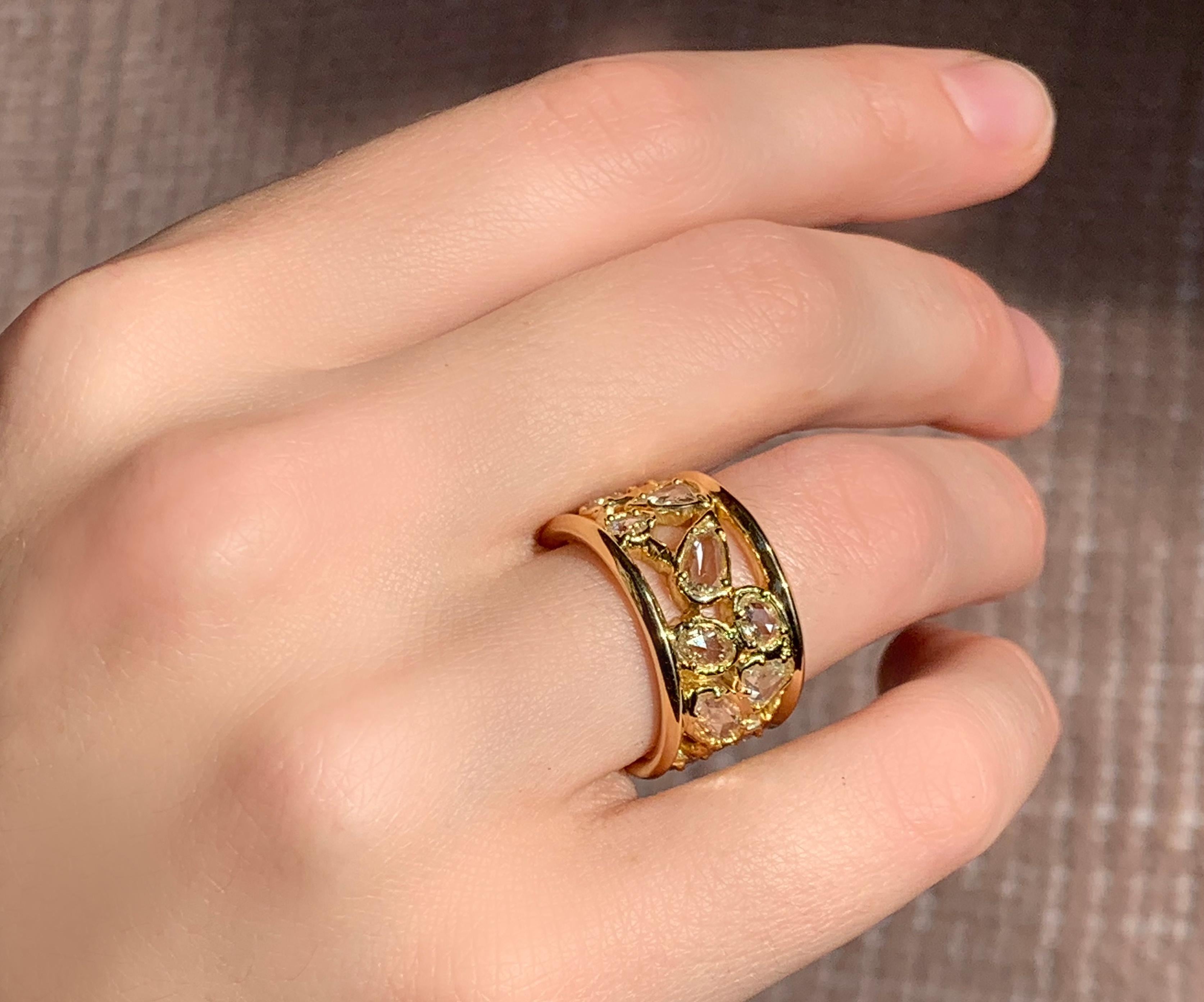 18kt Yellow Gold OOAK Open-Work Wide Band Ring with White Rose Cut Diamonds In New Condition For Sale In Weehawken, NJ