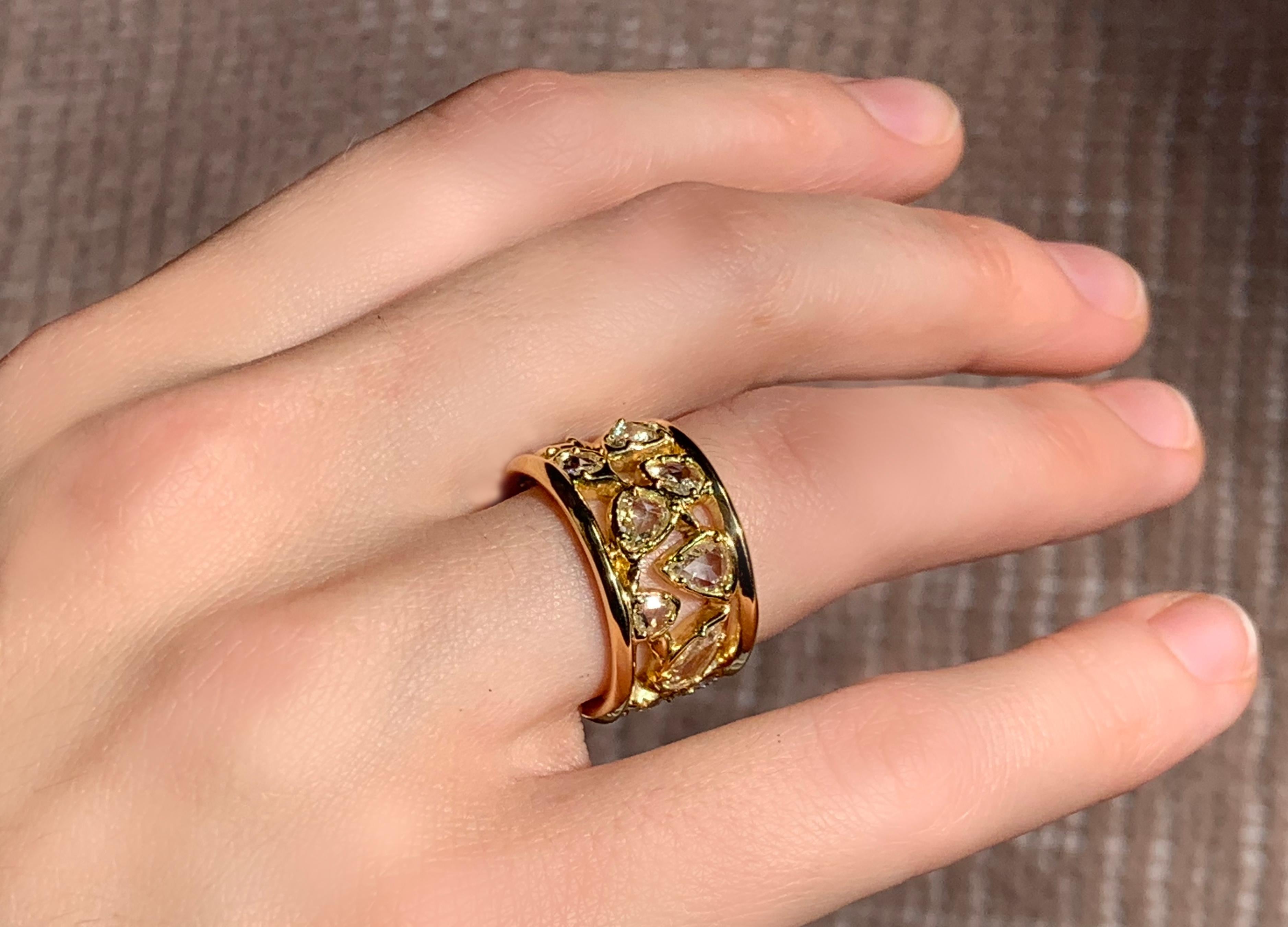 Women's 18kt Yellow Gold OOAK Open-Work Wide Band Ring with White Rose Cut Diamonds For Sale