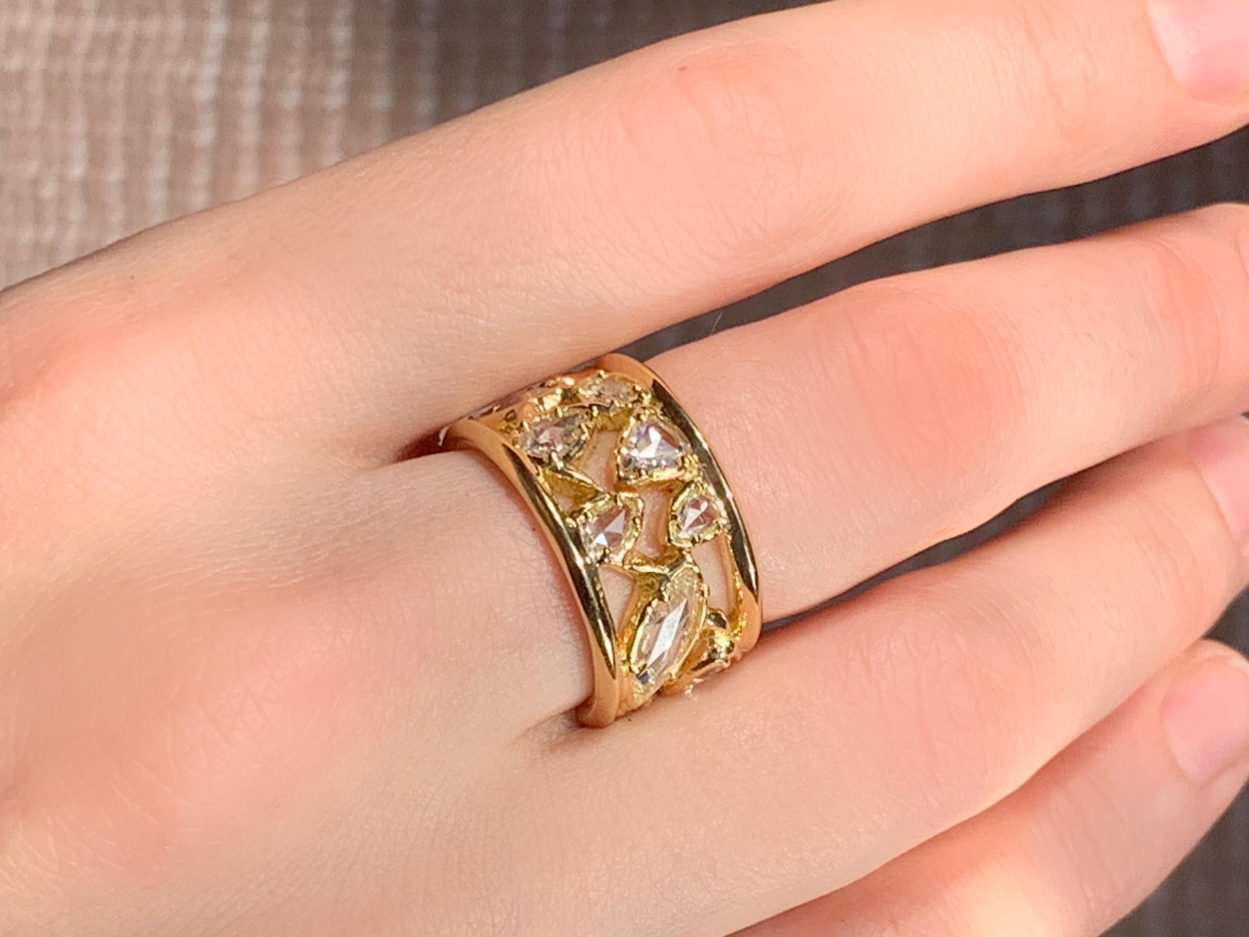 18kt Yellow Gold OOAK Open-Work Wide Band Ring with White Rose Cut Diamonds For Sale 2