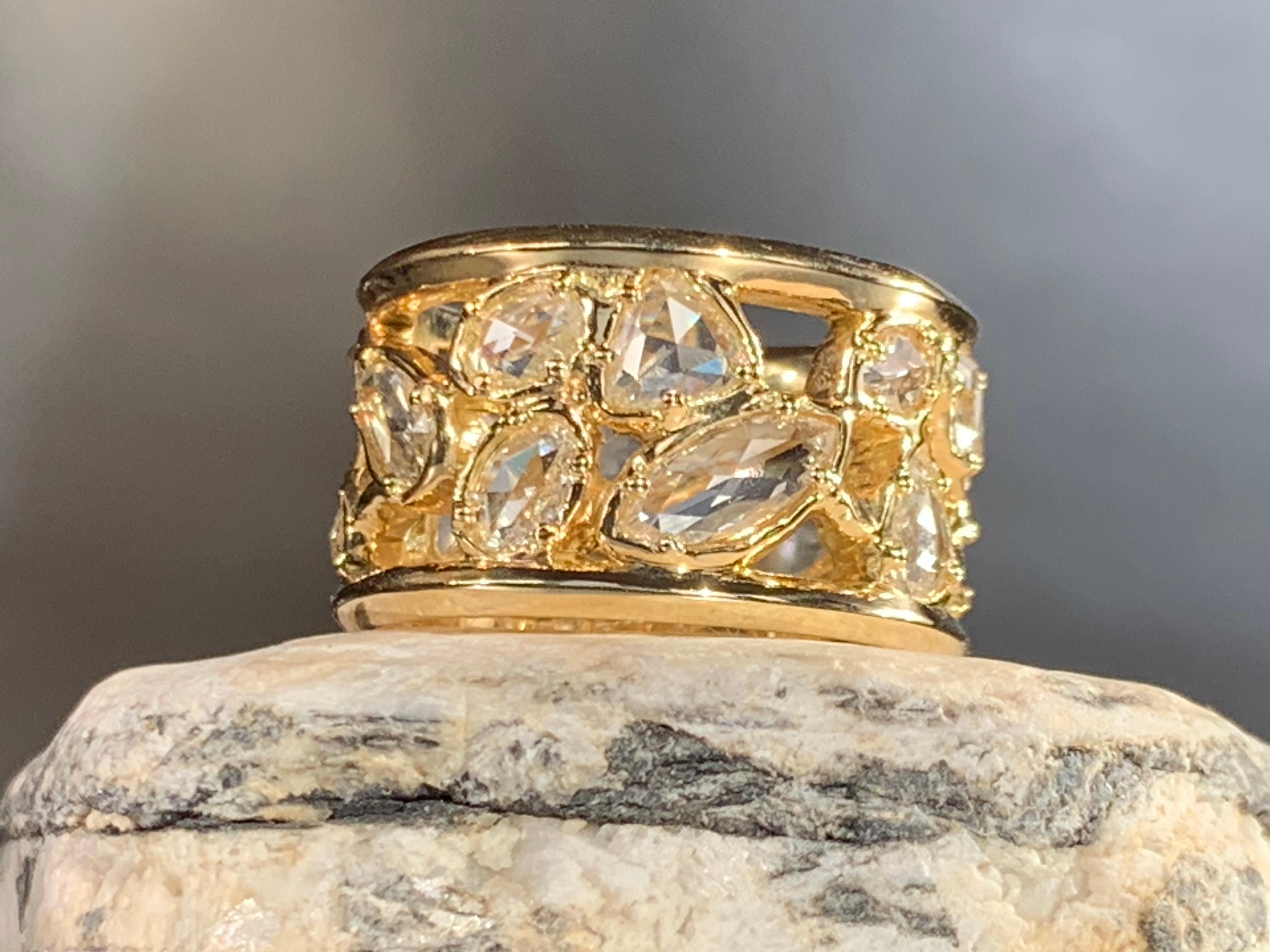 18kt Yellow Gold OOAK Open-Work Wide Band Ring with White Rose Cut Diamonds For Sale 1