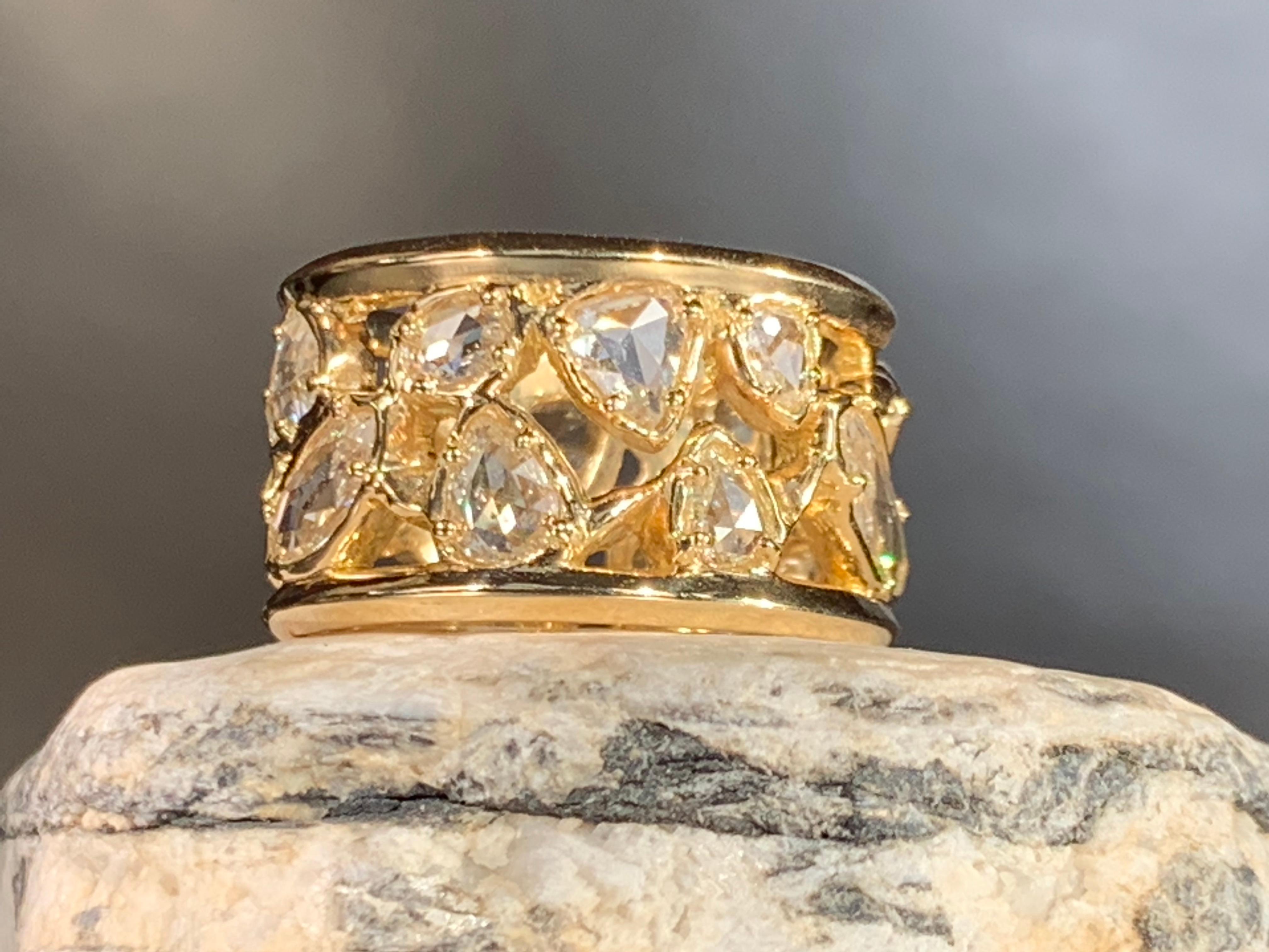 18kt Yellow Gold OOAK Open-Work Wide Band Ring with White Rose Cut Diamonds For Sale 3