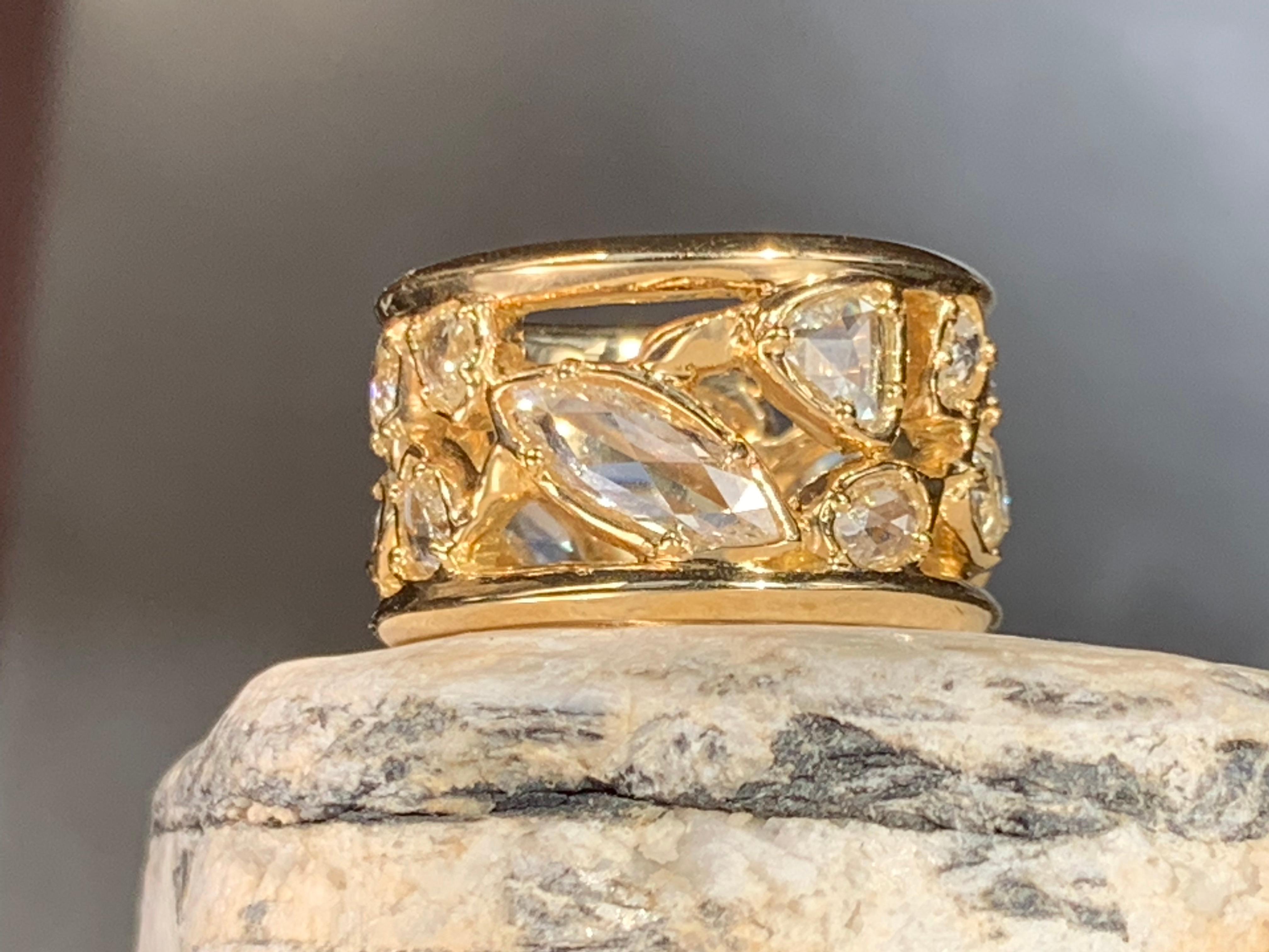 18kt Yellow Gold OOAK Open-Work Wide Band Ring with White Rose Cut Diamonds For Sale 4