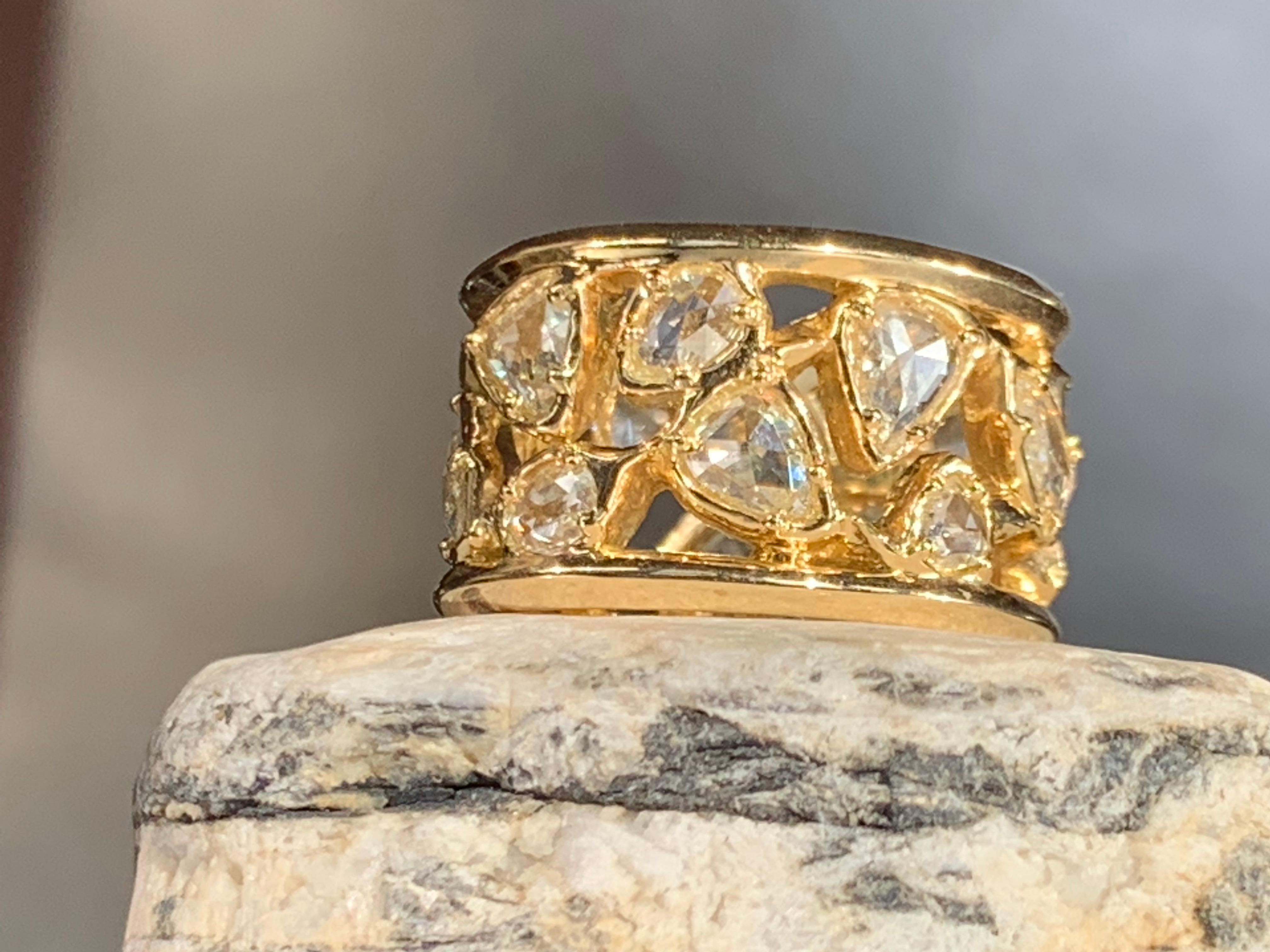 18kt Yellow Gold OOAK Open-Work Wide Band Ring with White Rose Cut Diamonds For Sale 5