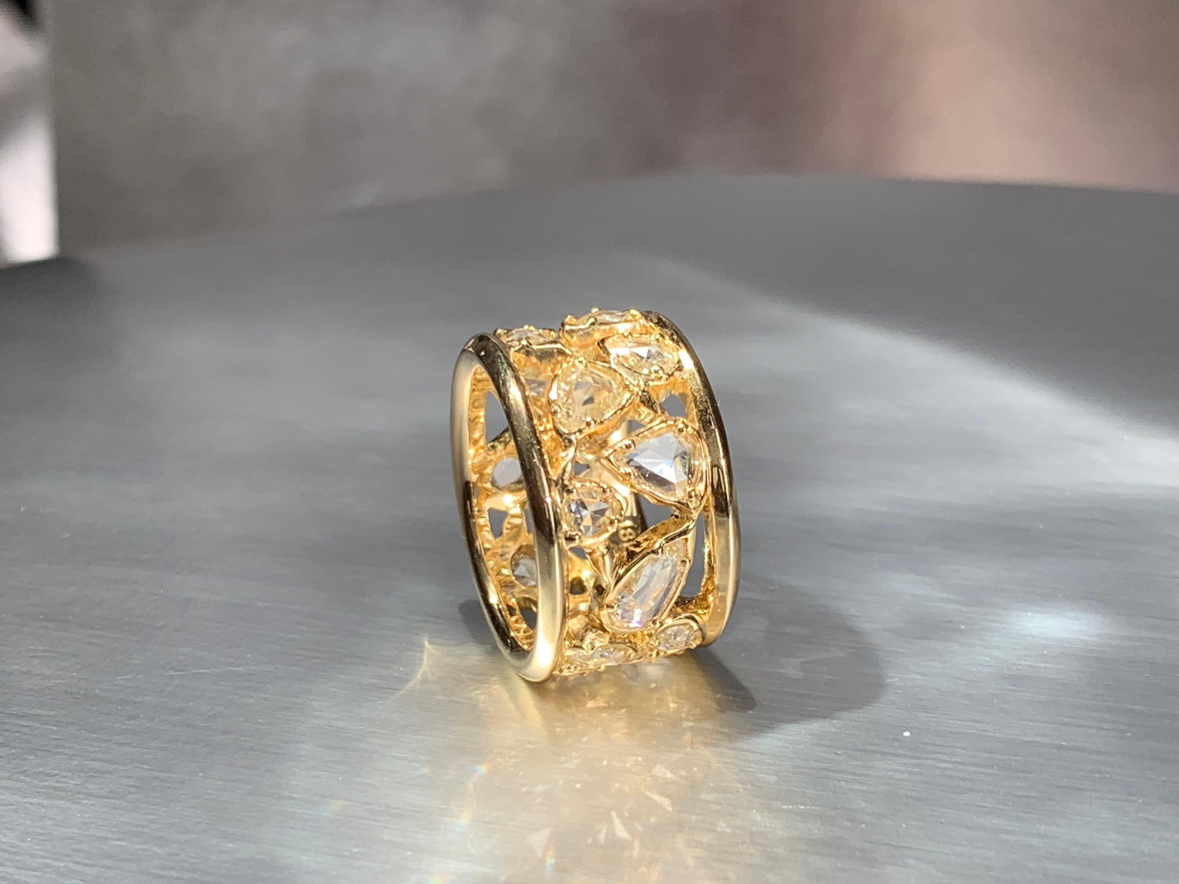 18kt Yellow Gold OOAK Open-Work Wide Band Ring with White Rose Cut Diamonds For Sale 6