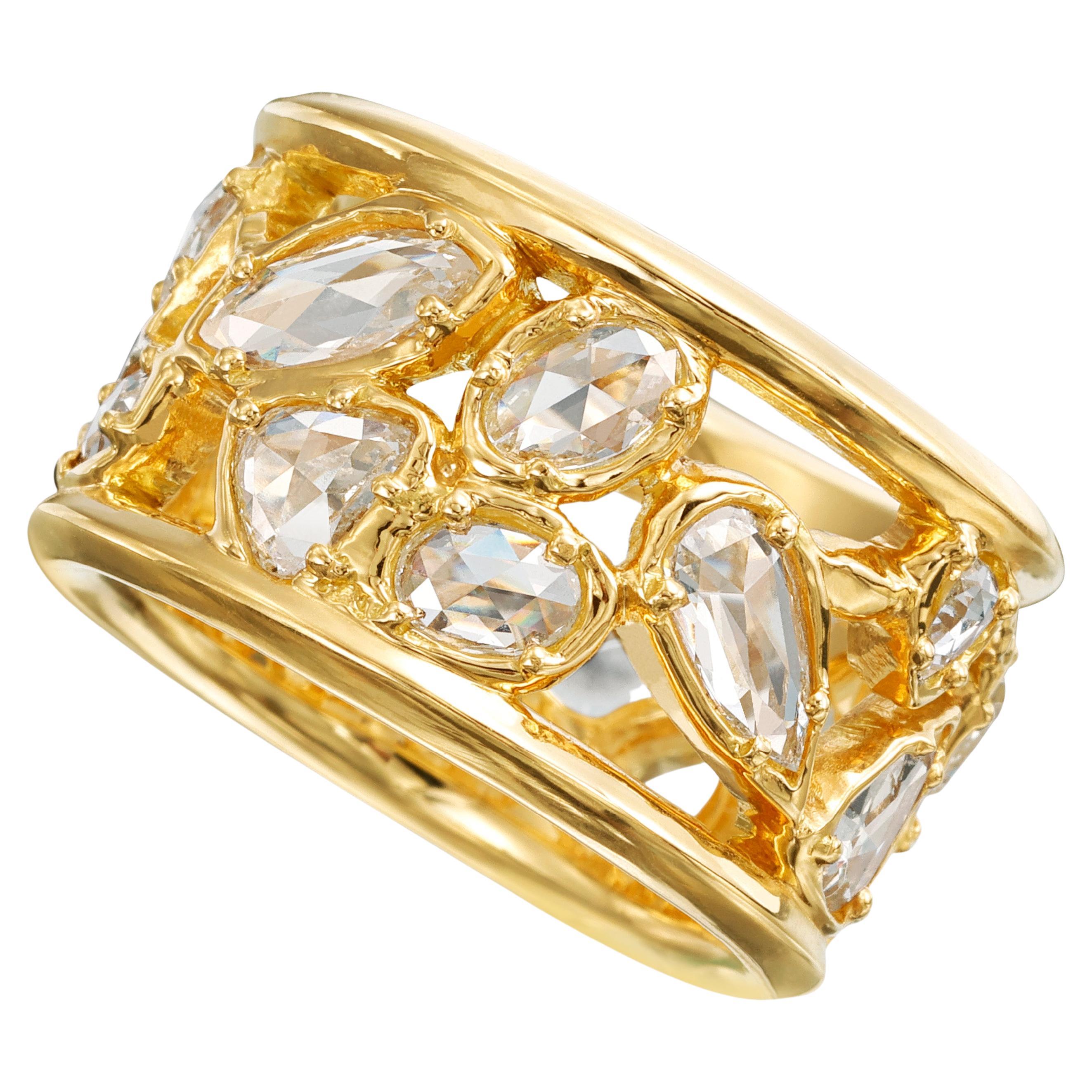 18kt Yellow Gold OOAK Open-Work Wide Band Ring with White Rose Cut Diamonds For Sale
