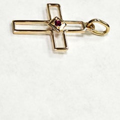 18KT Yellow Gold Open Cross Pendant with Center Ruby, Modern French Design